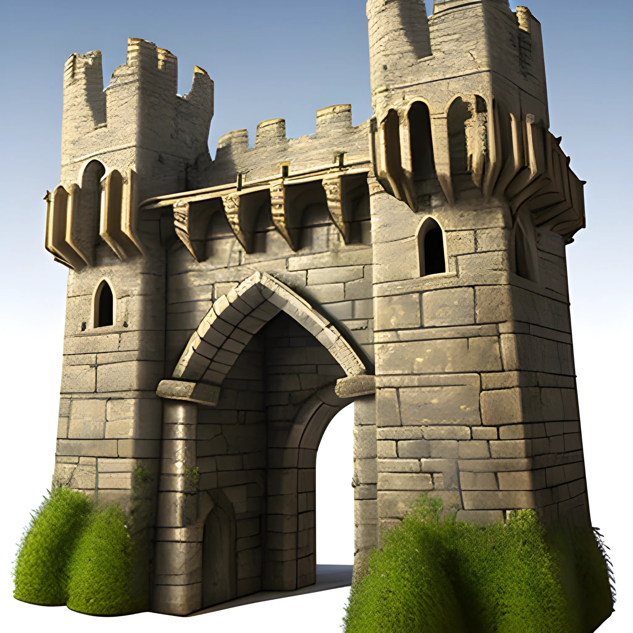 medieval stone tower with archway entrance, fantasy, cityscape 