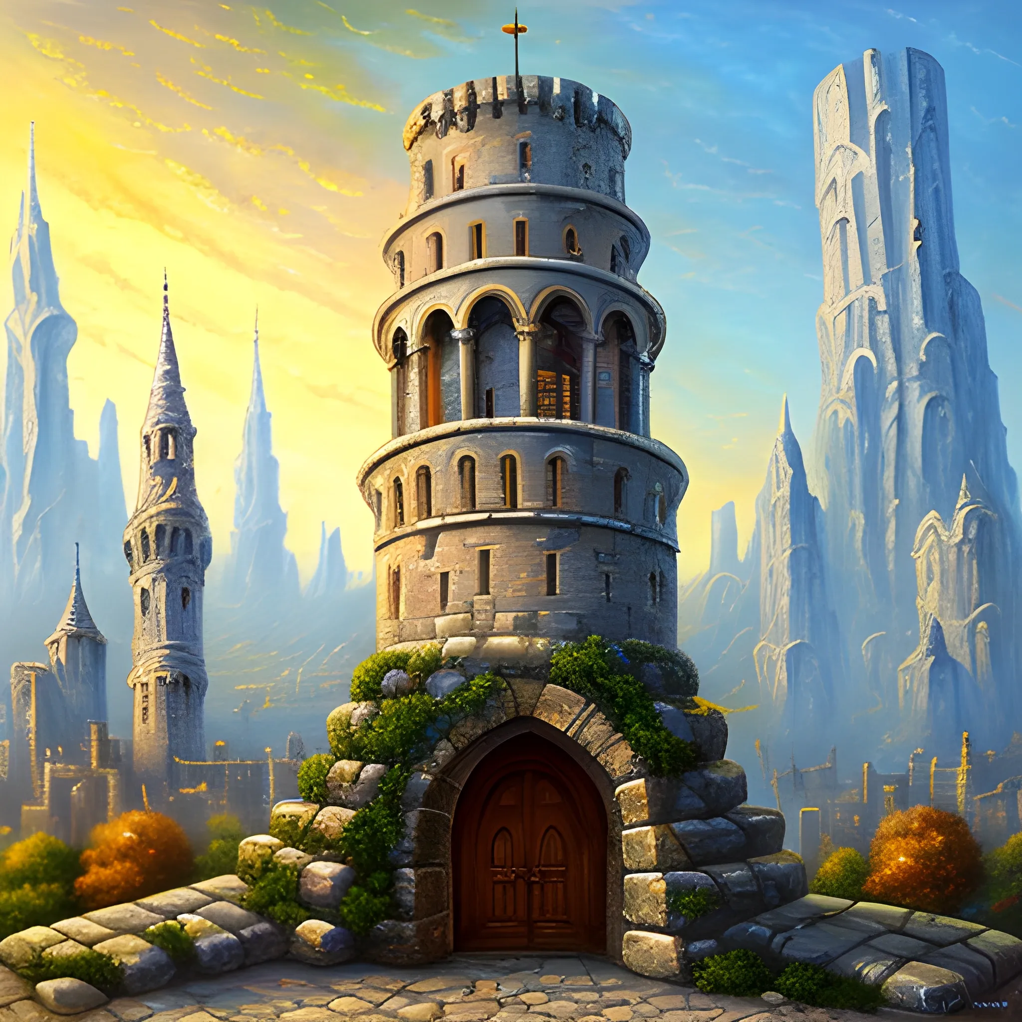 stone tower that spirals into the sky at the center of a large city, with archway entrance, fantasy, cityscape , Oil Painting