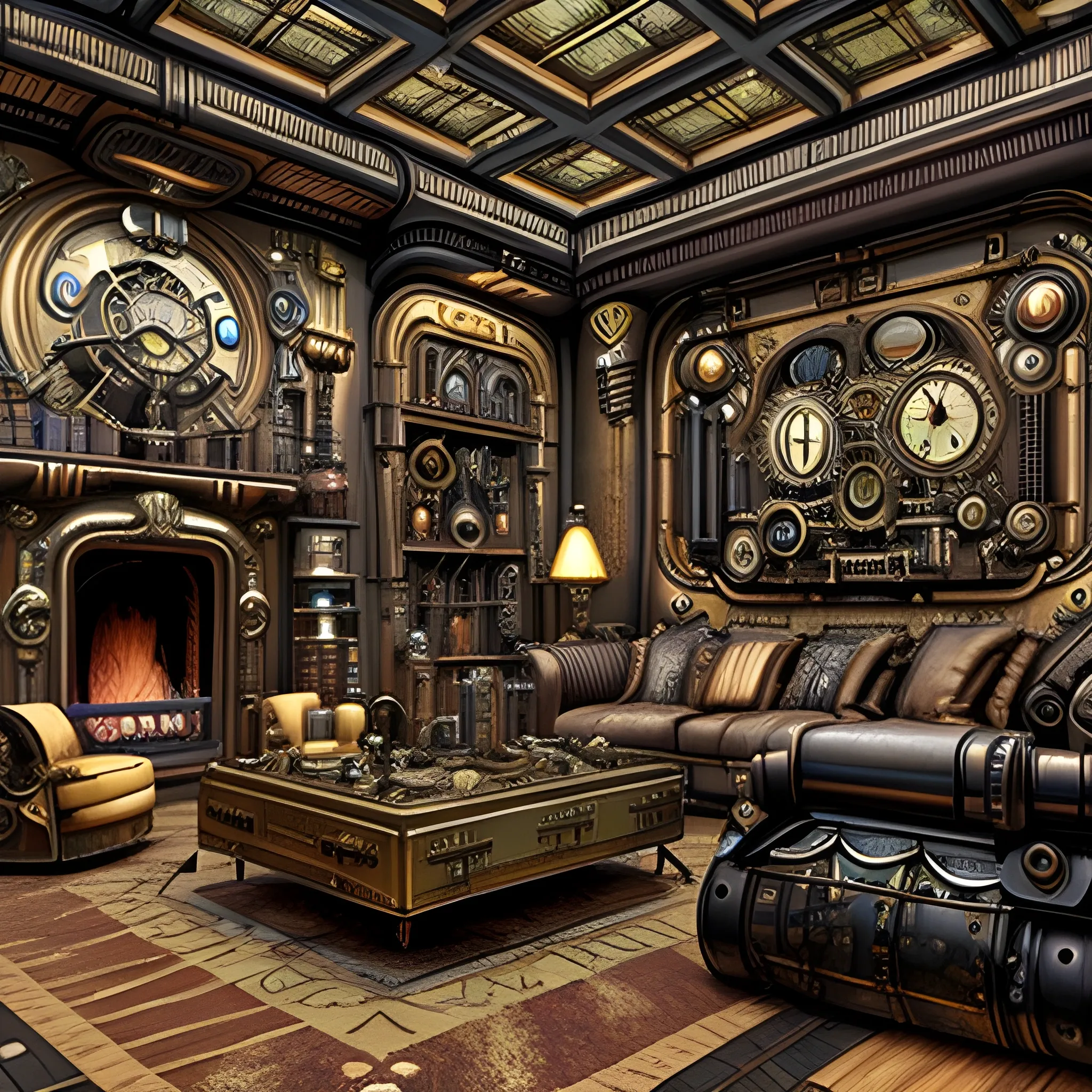 A luxurious (((steampunk-inspired))) 31st century alien living room.The house is powered by intricate machines inspired by Norman Rockwell . A 60" video screen, in the wall. Facing the alien, with human heads, family sitting on their couch.A futuristic Cast Iron Wood Stove., 3D, 3D, Trippy