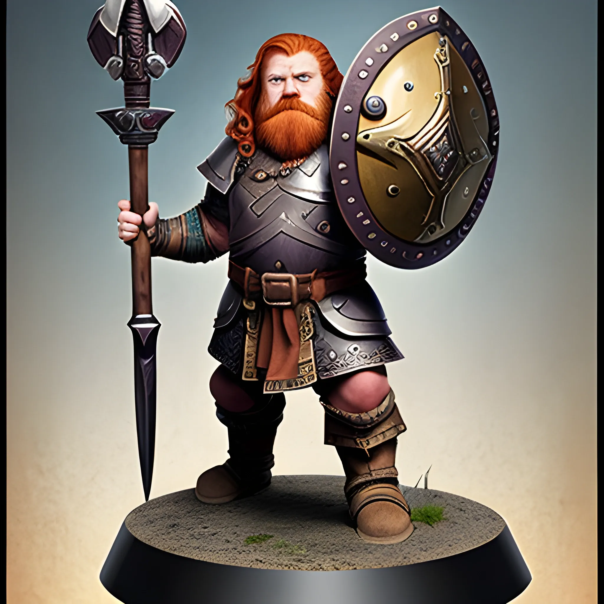 dwarf, cleric, ginger hair, heavy armor, full body, stoic pose, weilding a warhammer and shield