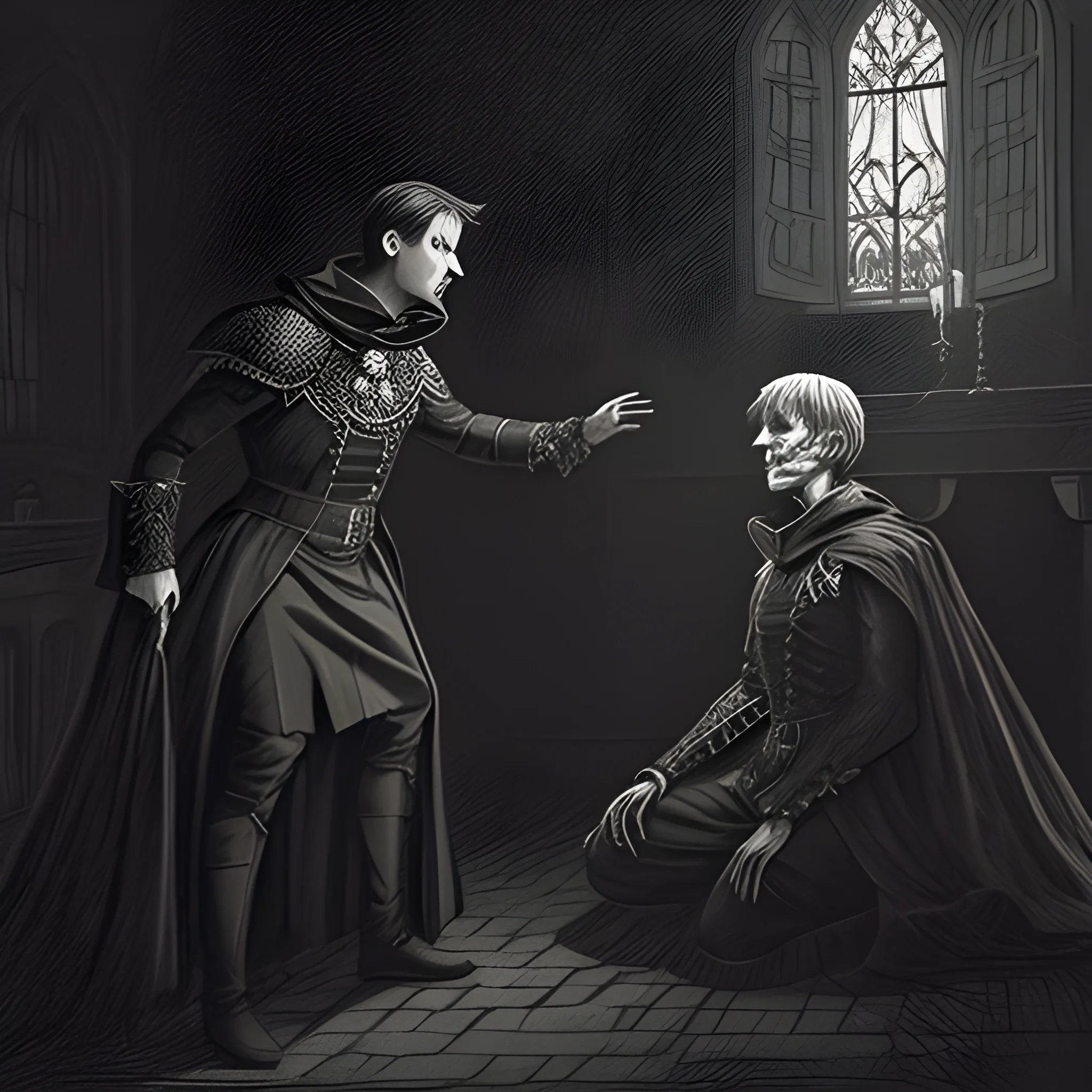 A dramatic scene of Hamlet confronting the Ghost of King Hamlet outside the eerie Elsinor castle at night, shadowy lighting, haunting atmosphere, detailed expressions, tension-filled poses, intricate costumes --ar 1:1 --stylize 100 --no text, Pencil Sketch