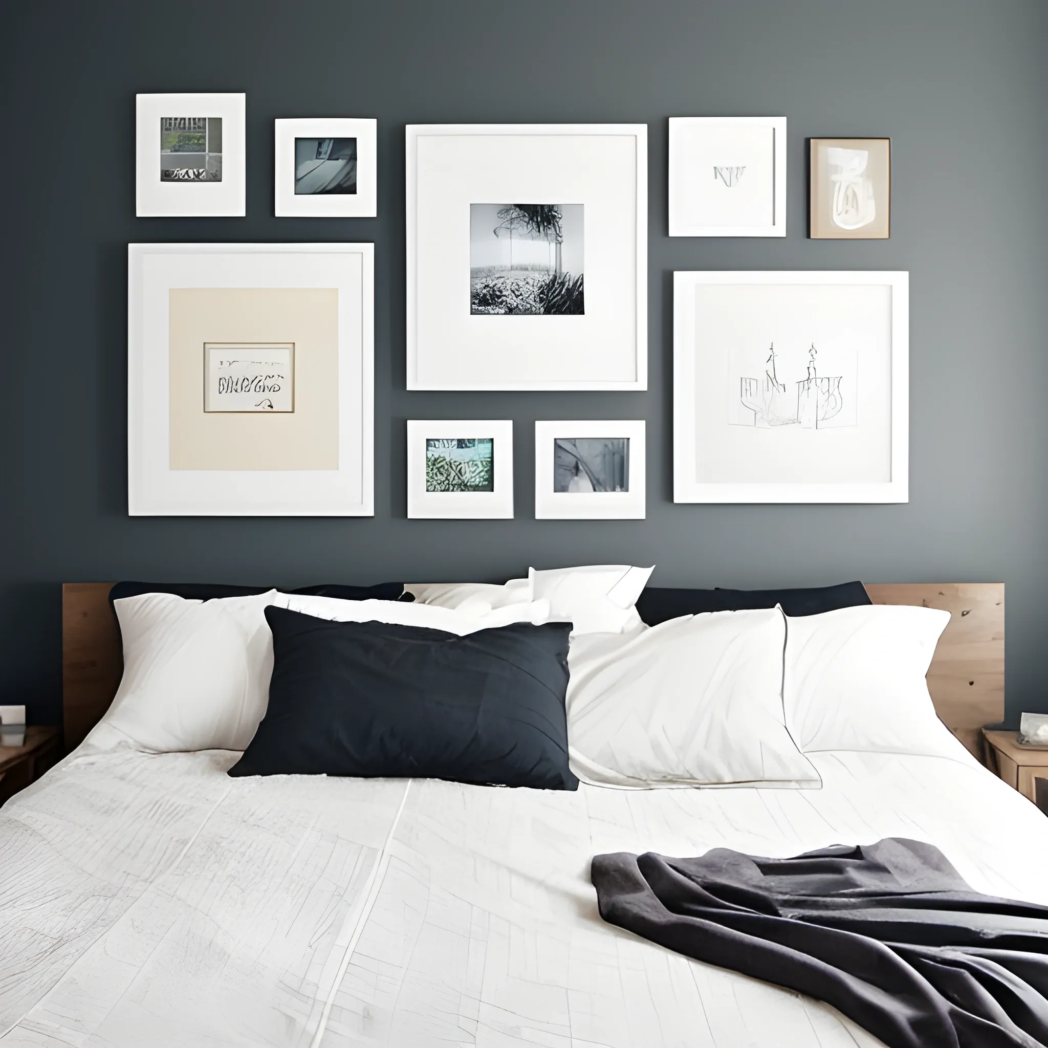 Show me one wall in a bedroom where you'll hang a single medium wall frame to decorate it. No people in it.