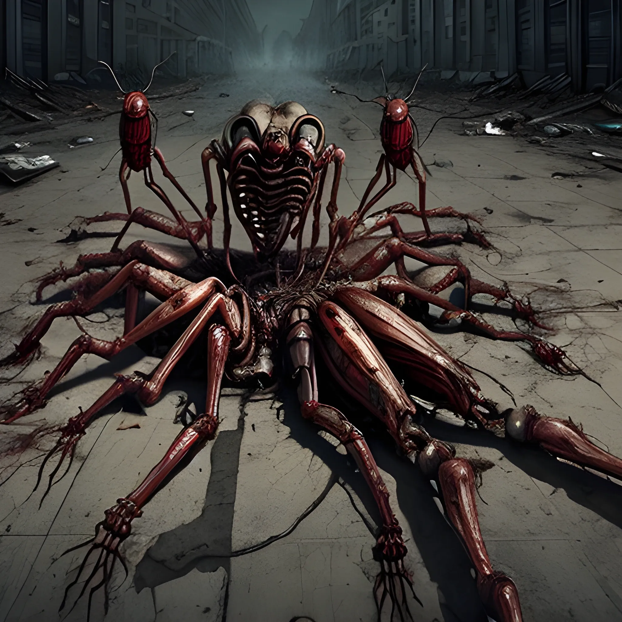 insectoid with 40 legs is eating humans in a very gory style while dead bodies lying on the floor with apocalyptic city atmosphere
