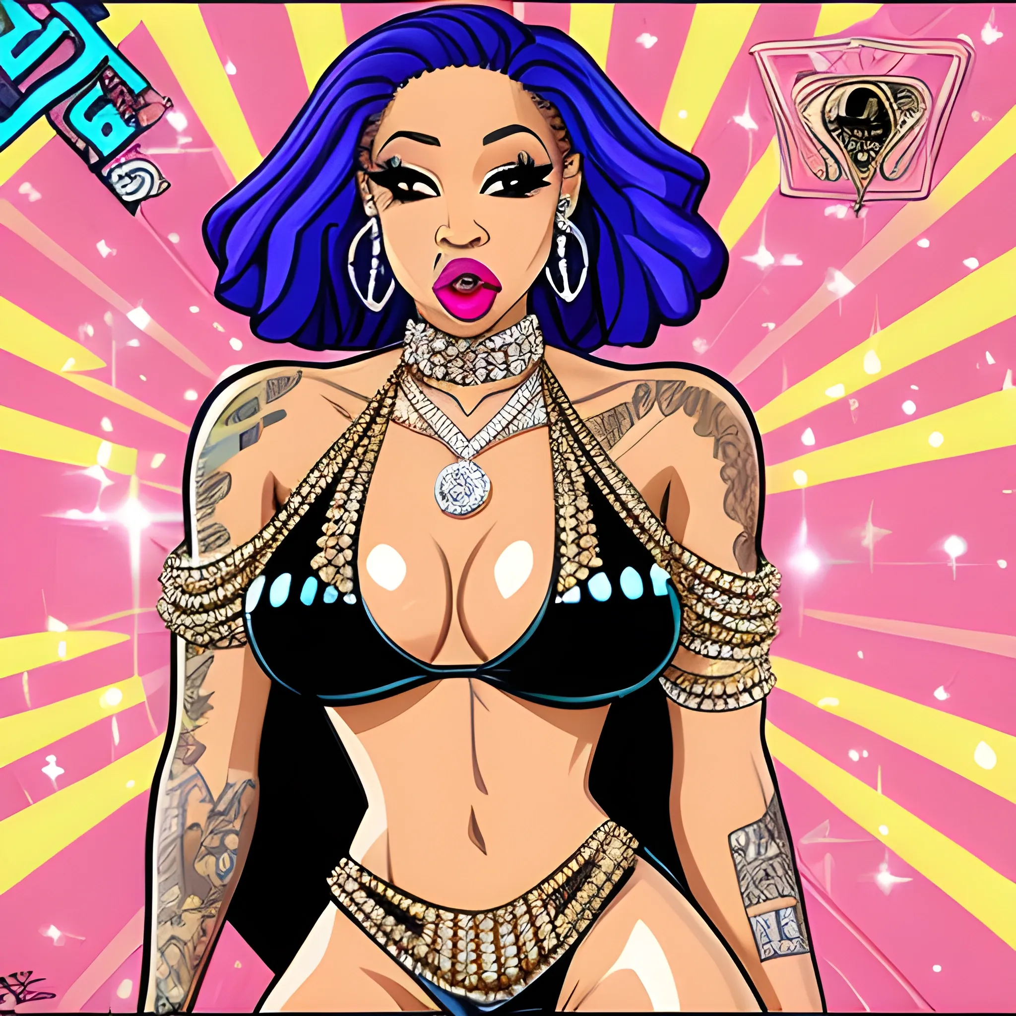 light skinned female rapper wearing sexy clothing cover in diamonds
, Cartoon