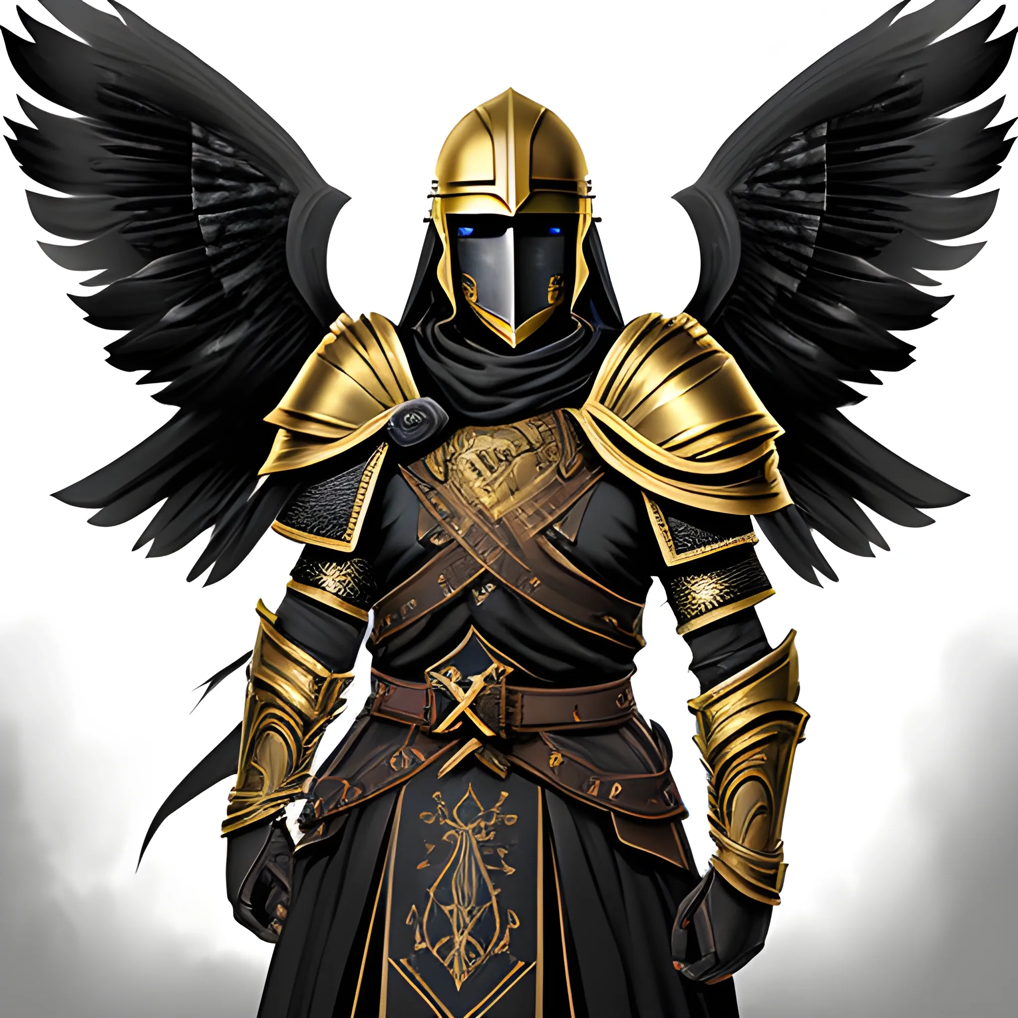 Aasimar warrior with golden eyes and a helmet that covers his face, on his shoulder there is a black raven