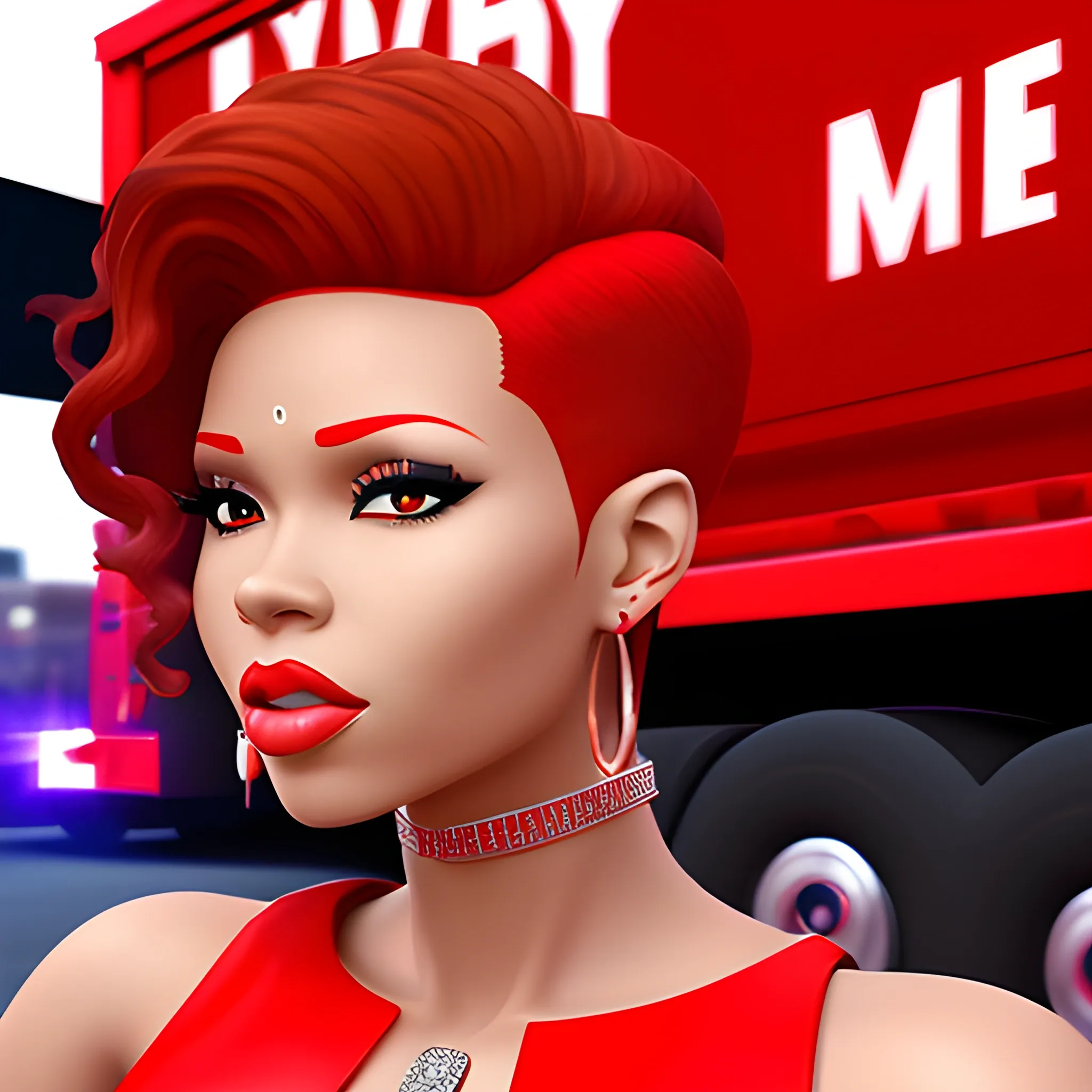 a very attractive light skinned female rapper with red hair cover in diamonds standing on a cyber truck
, Cartoon, 3D