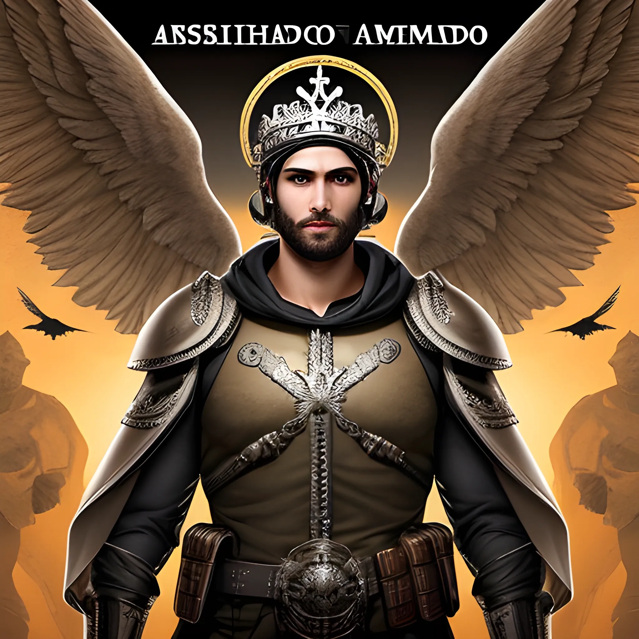 Aasimar armadurado, com um capacete com chifres