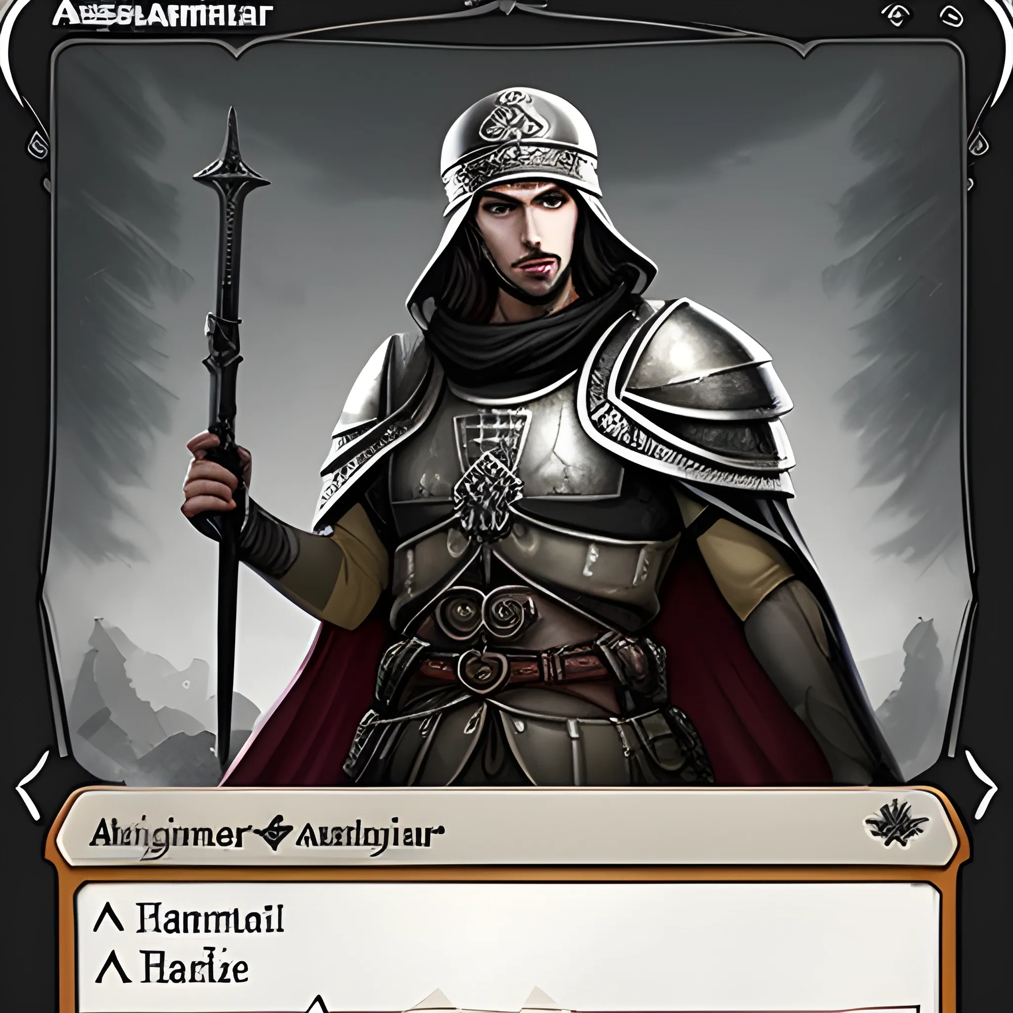 Aasimar armadurado, com um capacete com chifres