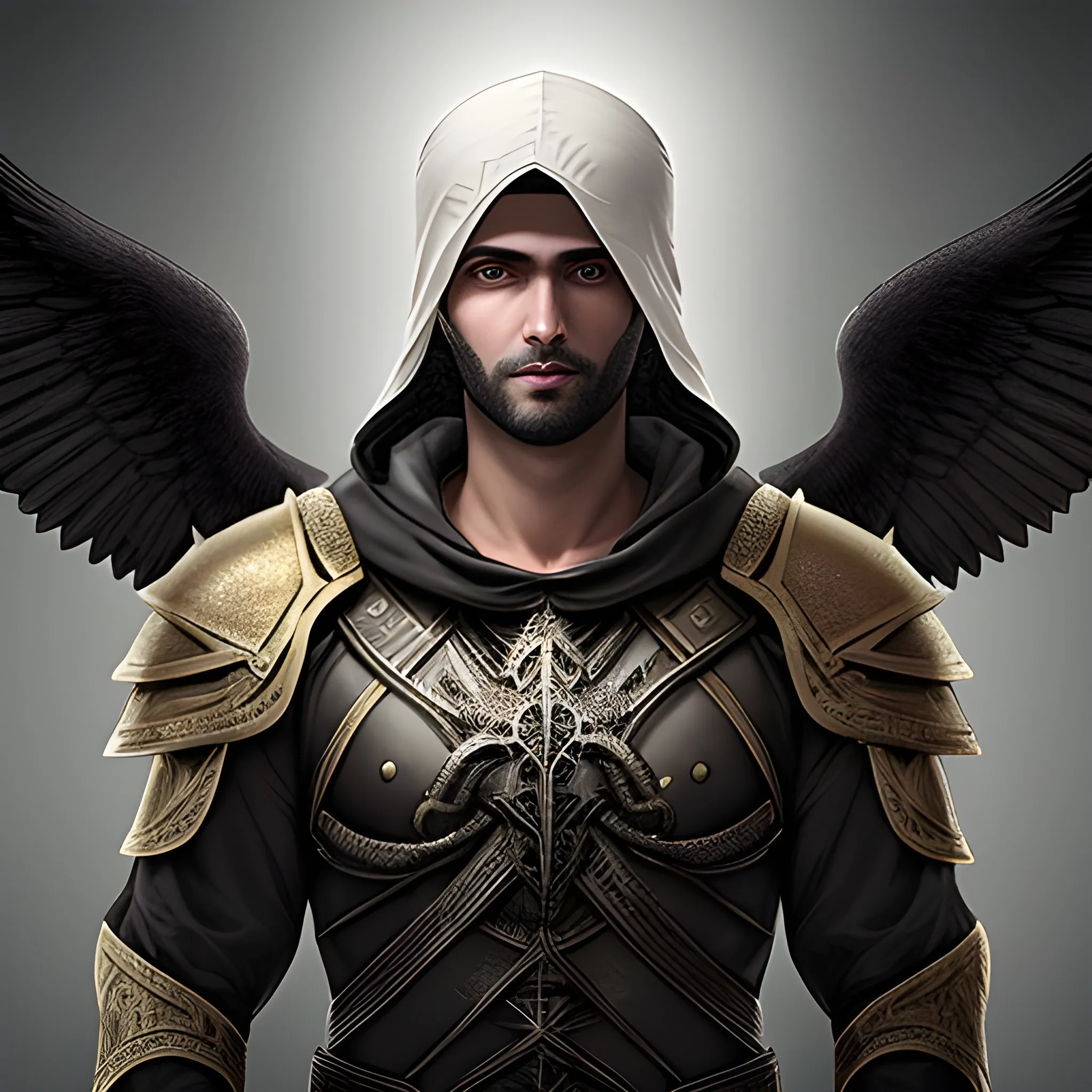 Aasimar armadurado, com um capacete com chifres