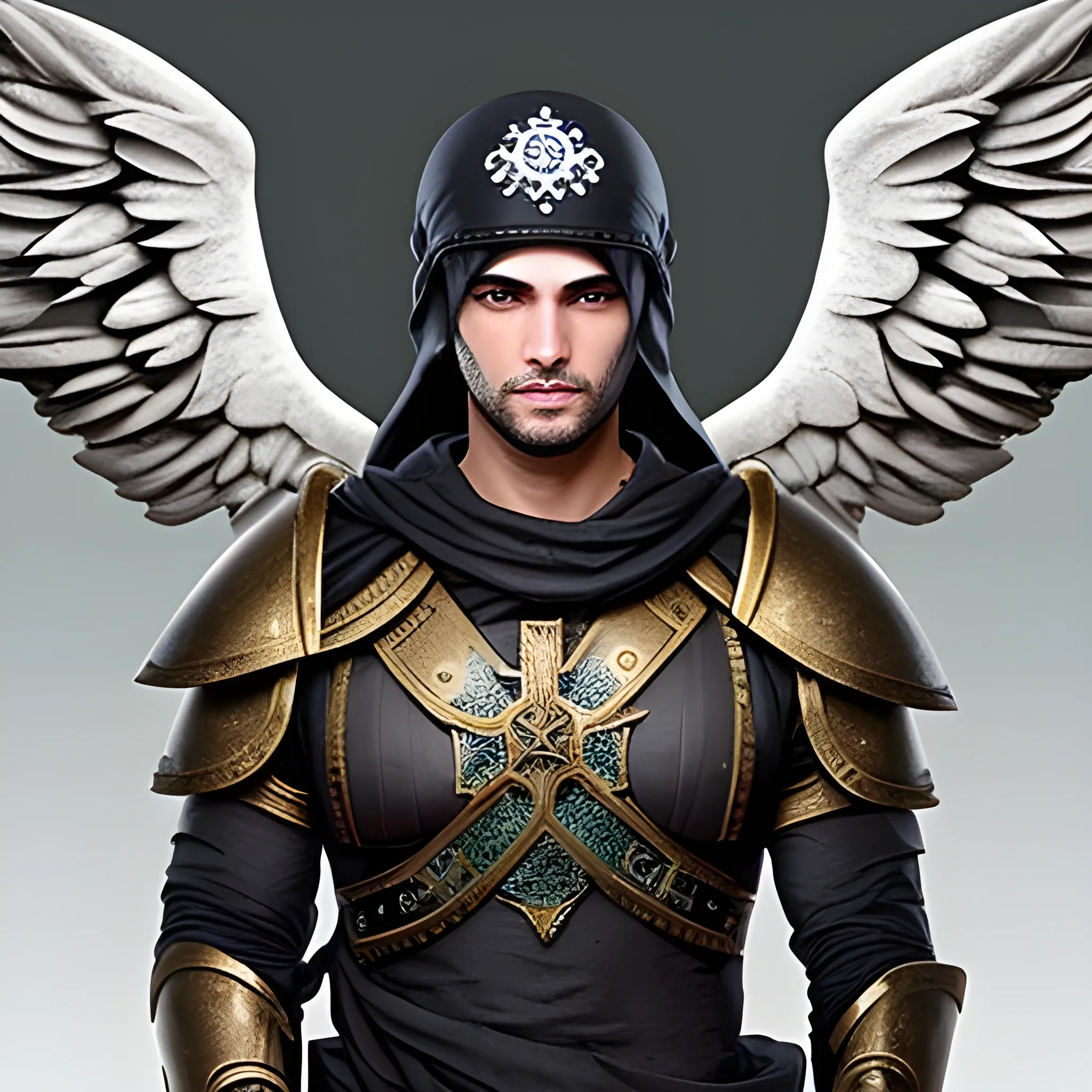 Aasimar armadurado, com um capacete com chifres