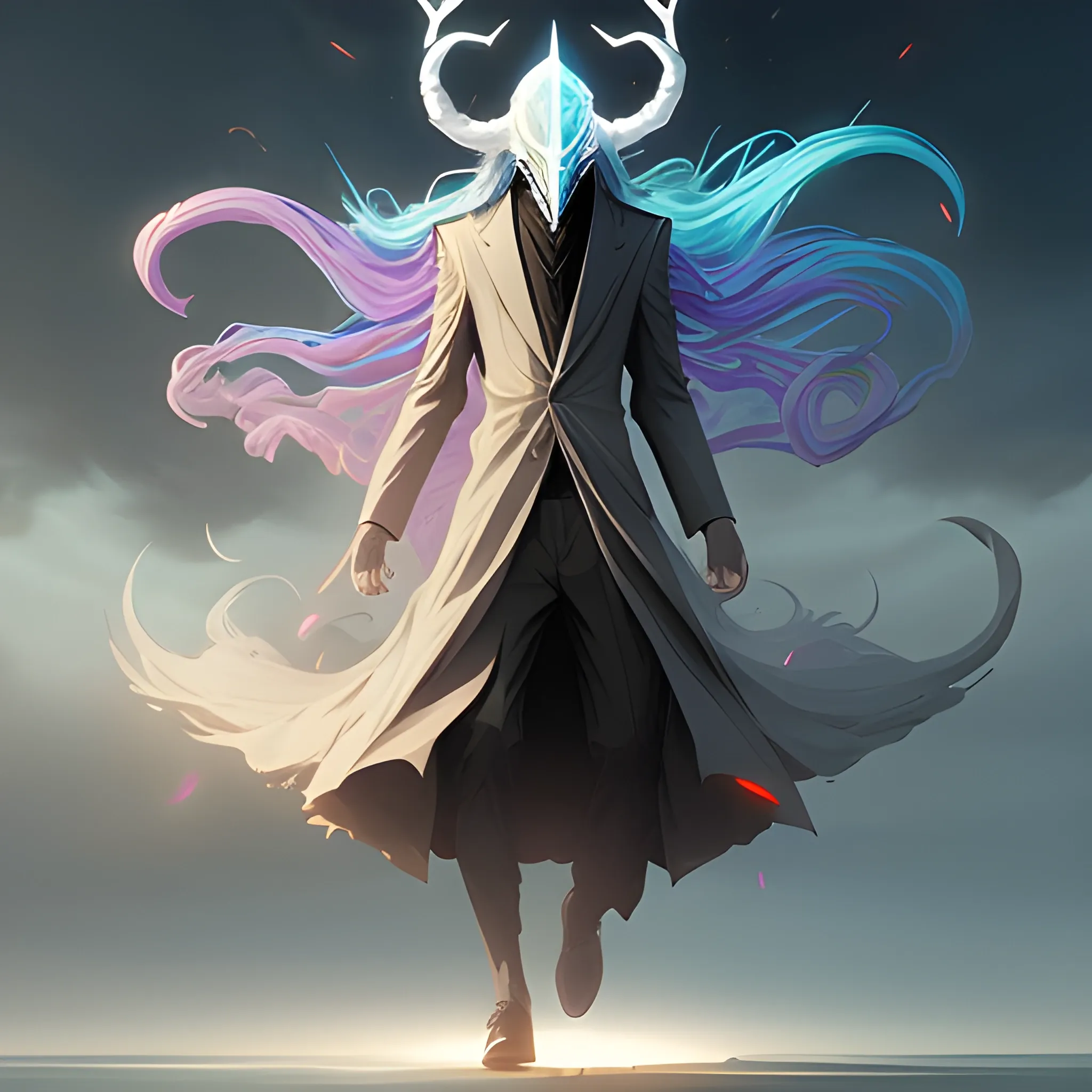 a slender wizard with horned mask levitating inside a wind twister colored like the rainbow, art by greg rutkowski, by ilya kuvshinov, digital art, artstation, detailed, realistic, long hair 