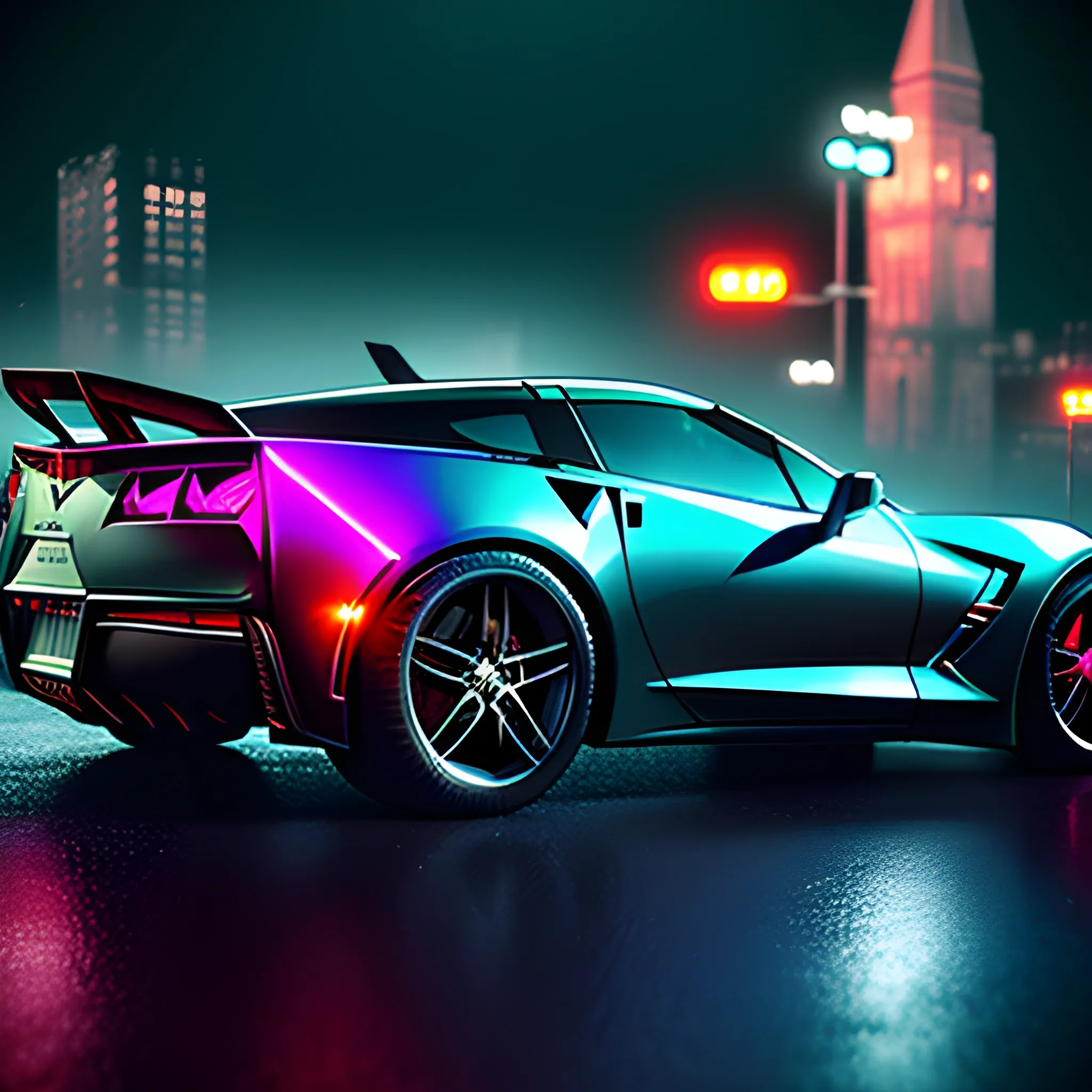 dark rainy metropolis in the background, main focus on a corvette with cool rgb lights., 3D