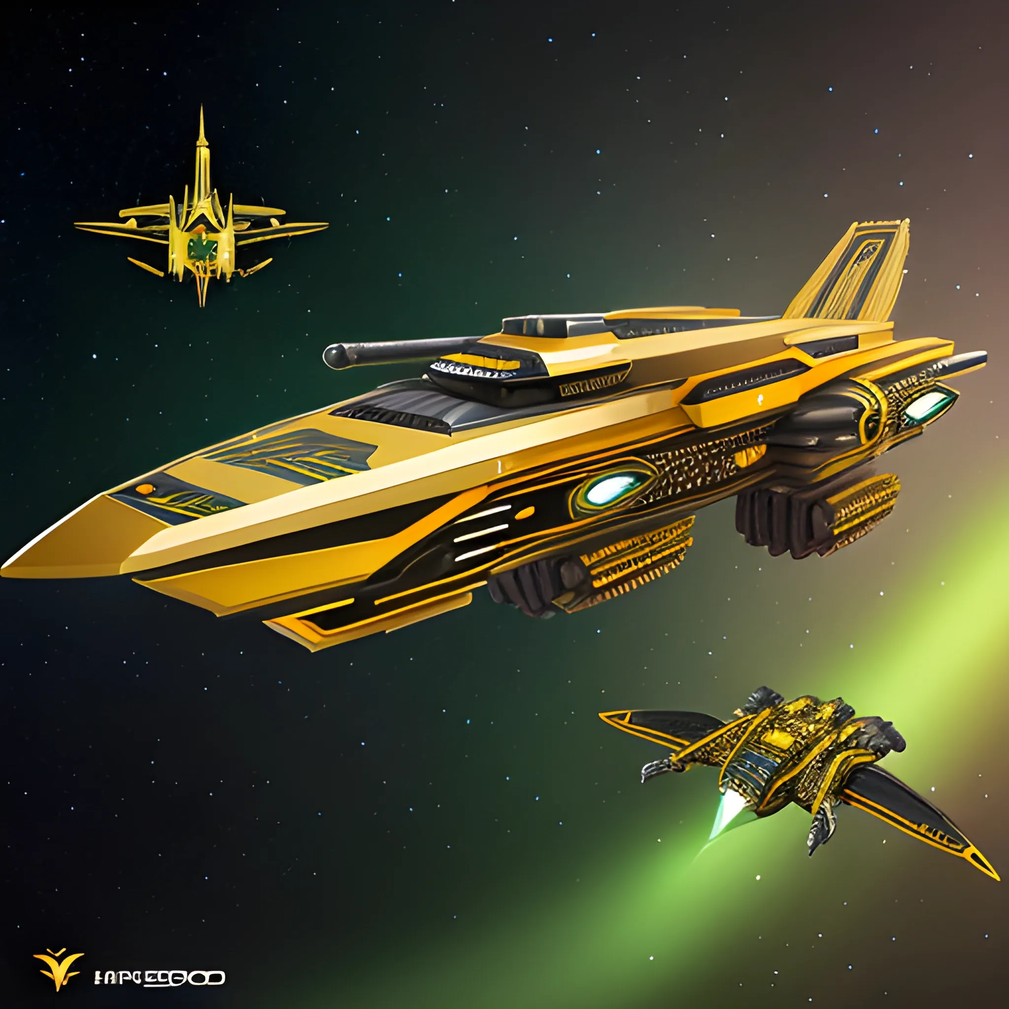 Splendor unfolds, illustration depicting a G'Quan Class Cruiser from Babylon 5 adorned in gold and matte green, silhouette outlined by integrates gears, levers, matte gold, intricate patterns against a dark metallic body, integrated into a brilliant 4D space environment featuring parallelogram-shaped sections, winged nacelles in echoes of USS Enterprise, a mystic castle with 10-stories high 