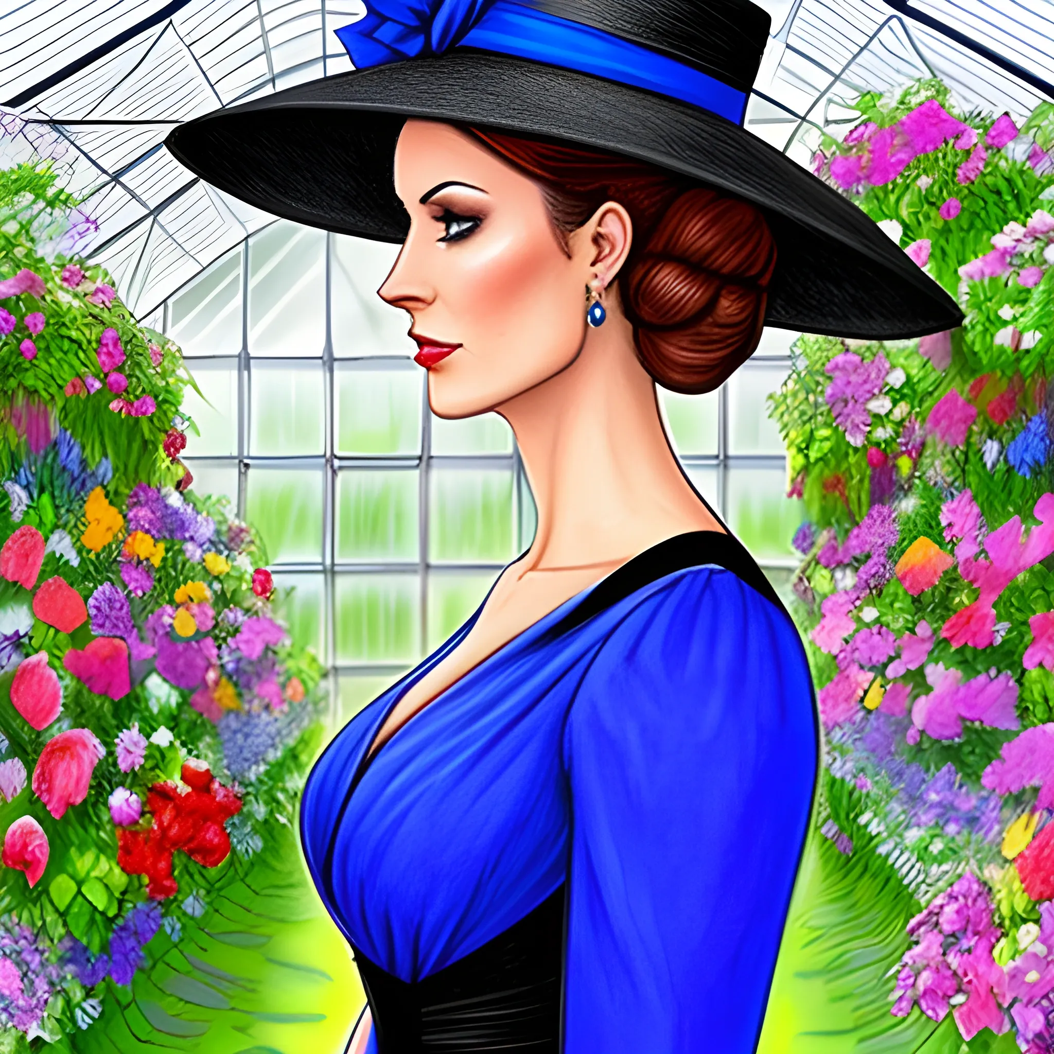 create for me a background of a dark greenhouse full of colorful flowers and a woman in a royal blue dress and a hat with a black ribbon, facing away but with her head half turned so that her profile can be seen a little., Pencil Sketch