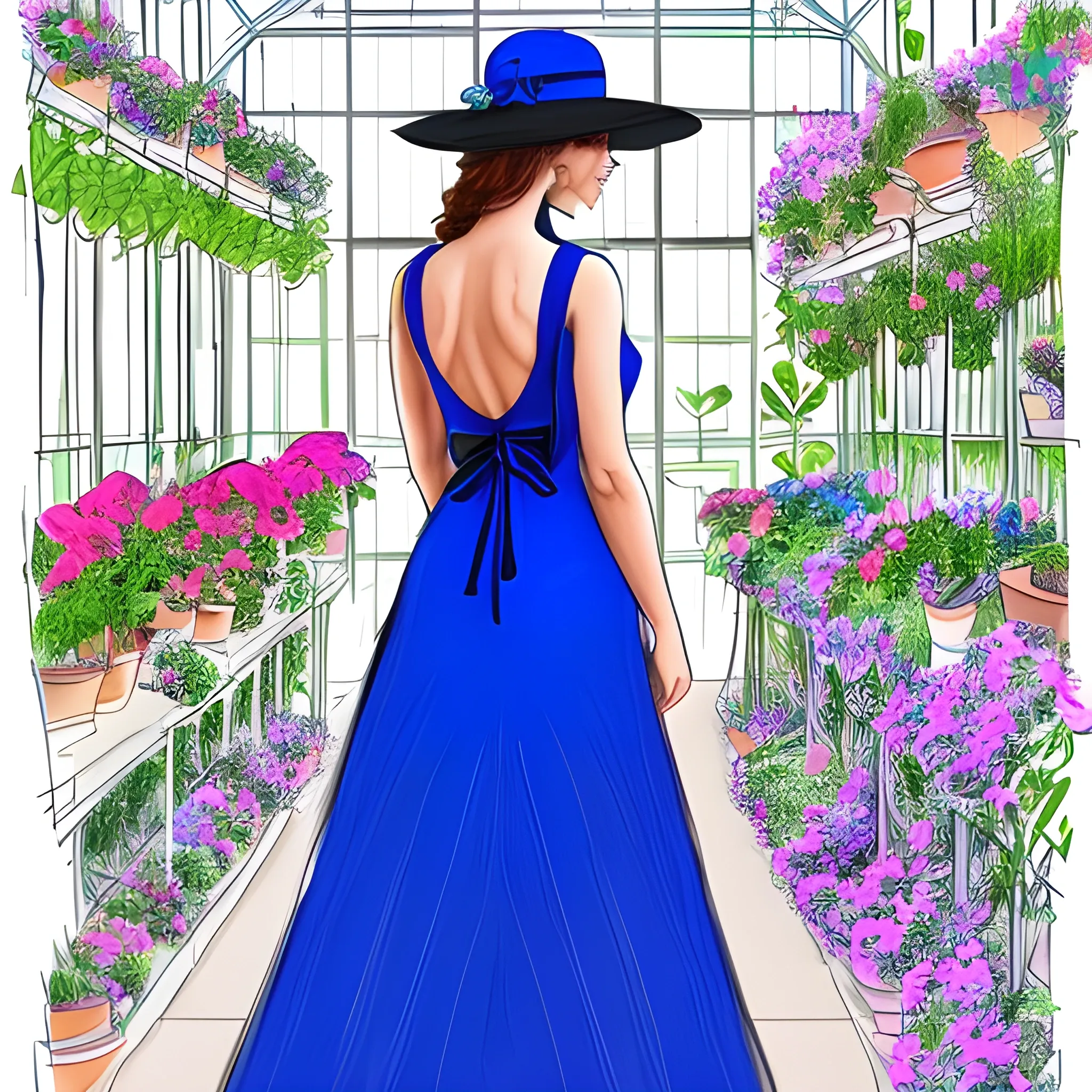 create for me a background of a dark greenhouse full of colorful flowers and a full-length woman with her back turned in a royal blue dress and a sunhat with a black ribbon, with her head half turned so that a bit of the profile of her face can be seen., Pencil Sketch