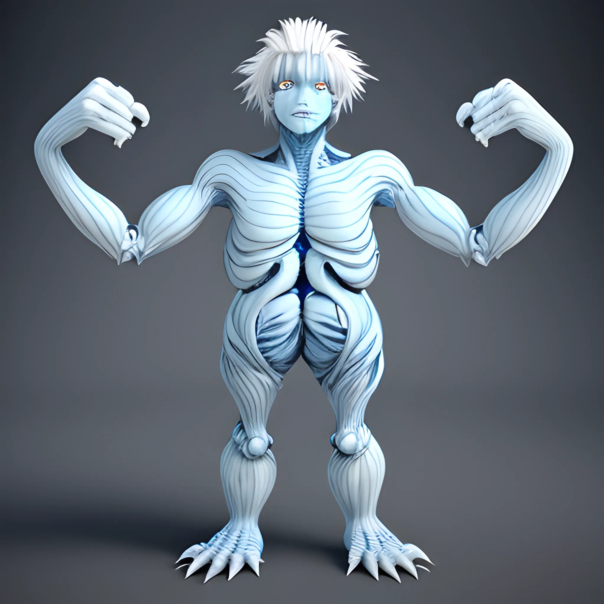 , 3D monster like a human white hair blue eyes four arm adult handsome


