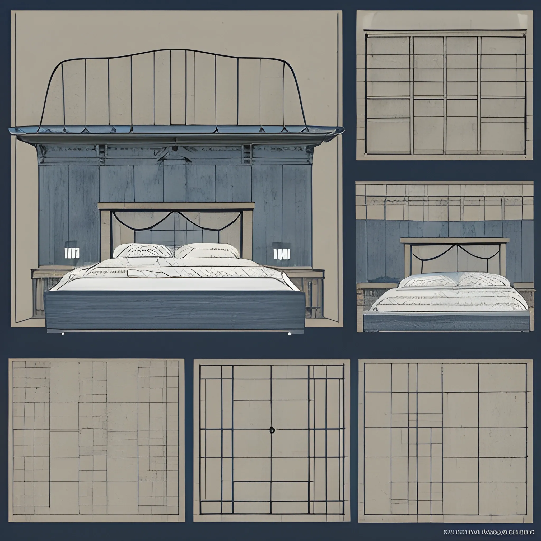 Create detailed blueprints of bed headboards in a Japanese Wabi-Sabi style with round, asymmetrical forms. The designs should reflect the natural, imperfect beauty of Wabi-Sabi, using soft, curved shapes and emphasizing simplicity and tranquility. Include multiple variations showcasing different interpretations of these concepts, Pencil Sketch