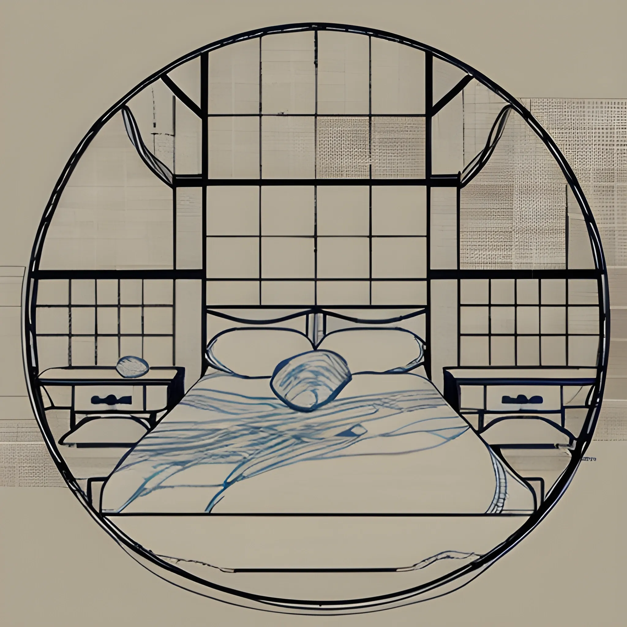 Create detailed blueprints of bed headboards in a Japanese Wabi-Sabi style with round, asymmetrical forms. The designs should reflect the natural, imperfect beauty of Wabi-Sabi, using soft, curved shapes and emphasizing simplicity and tranquility. Include multiple variations showcasing different interpretations of these concepts, Pencil Sketch