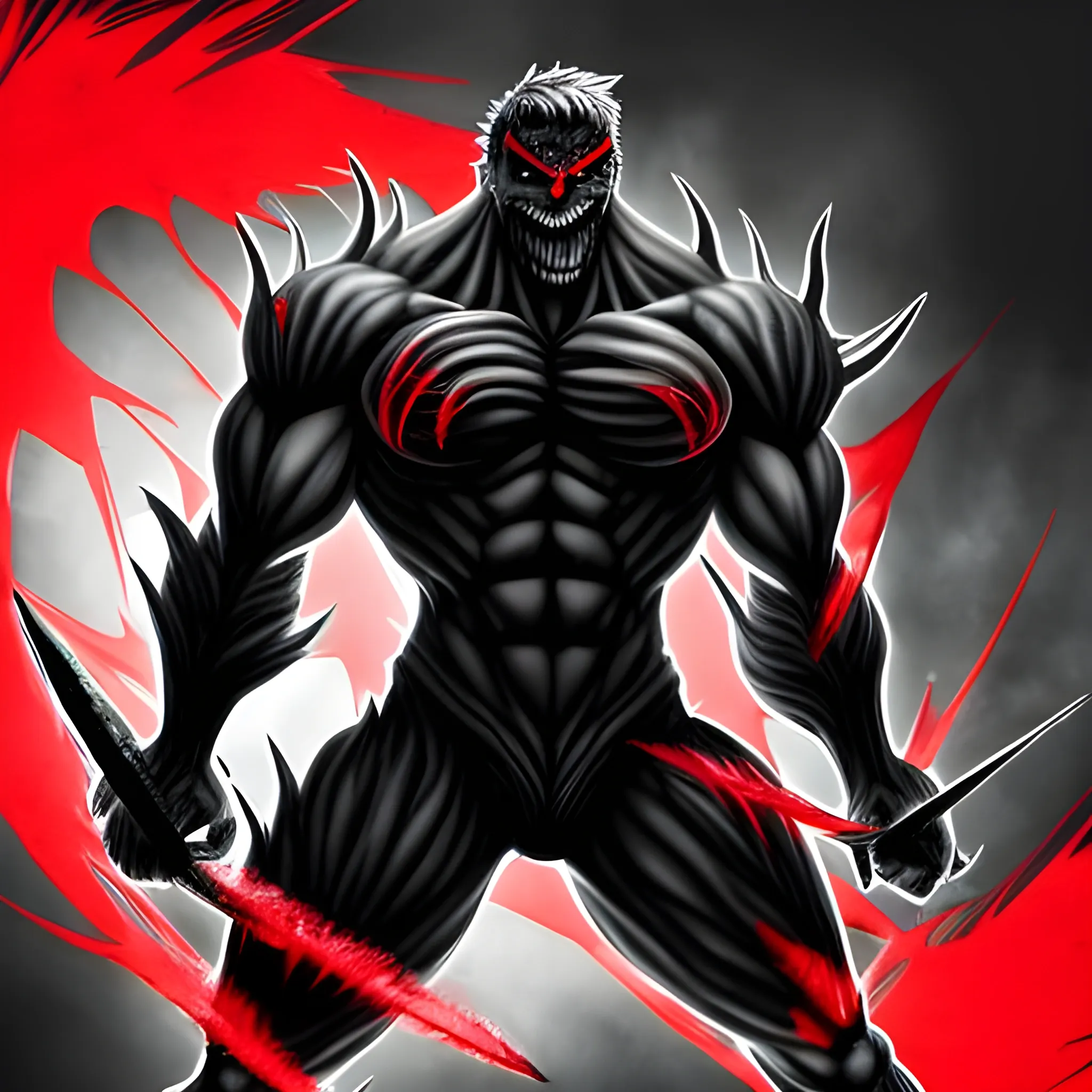 terrible monster look like anime bad character super strong short hair he has a muscle and his color red gray black he is blind he has four arms


