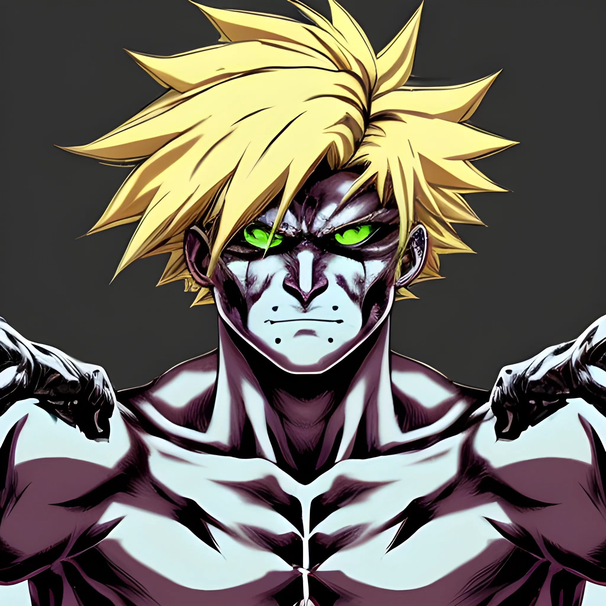 terrible monster look like anime bad character super strong short hair he has a muscle and he is blind he has four arms
he is blonde and he is warrior 

