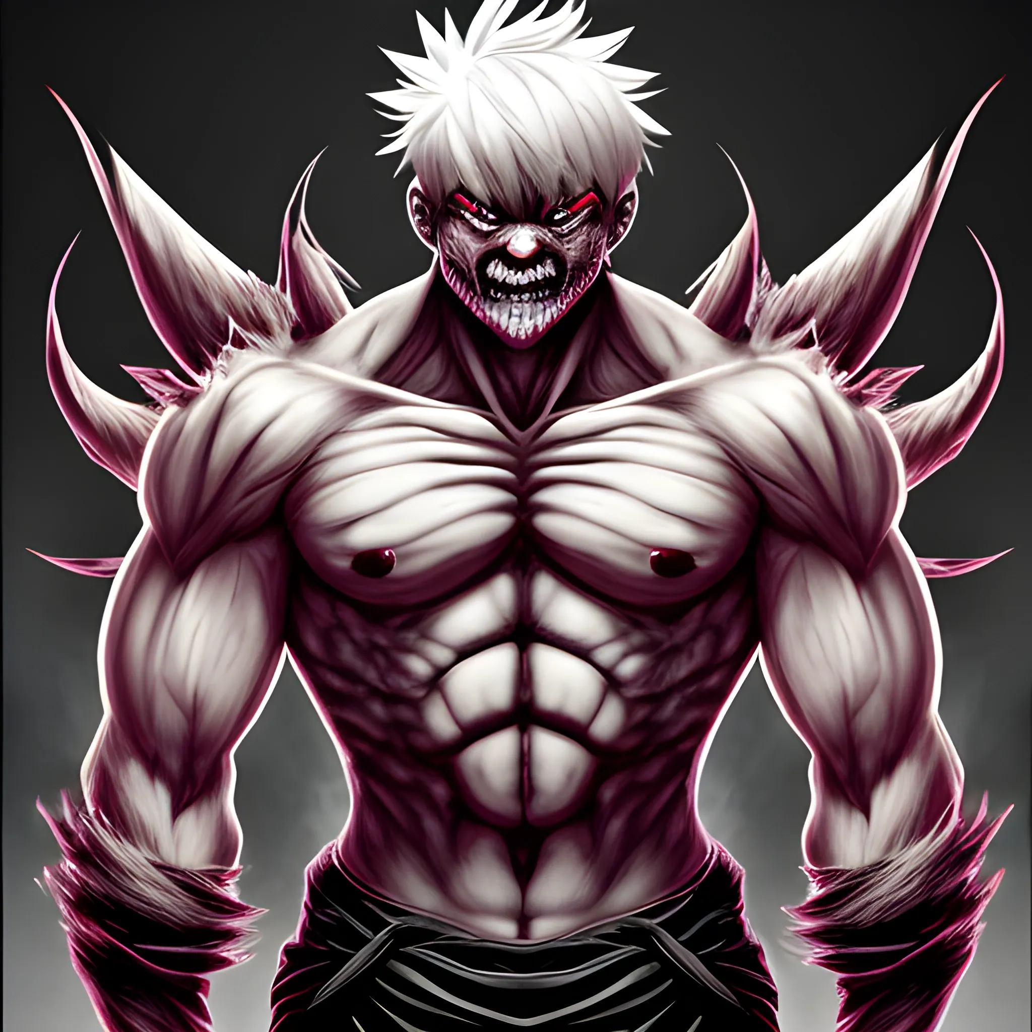 terrible monster look like anime bad character super strong short hair he has a muscle and he is blind he has four arms
 and he is warrior 

