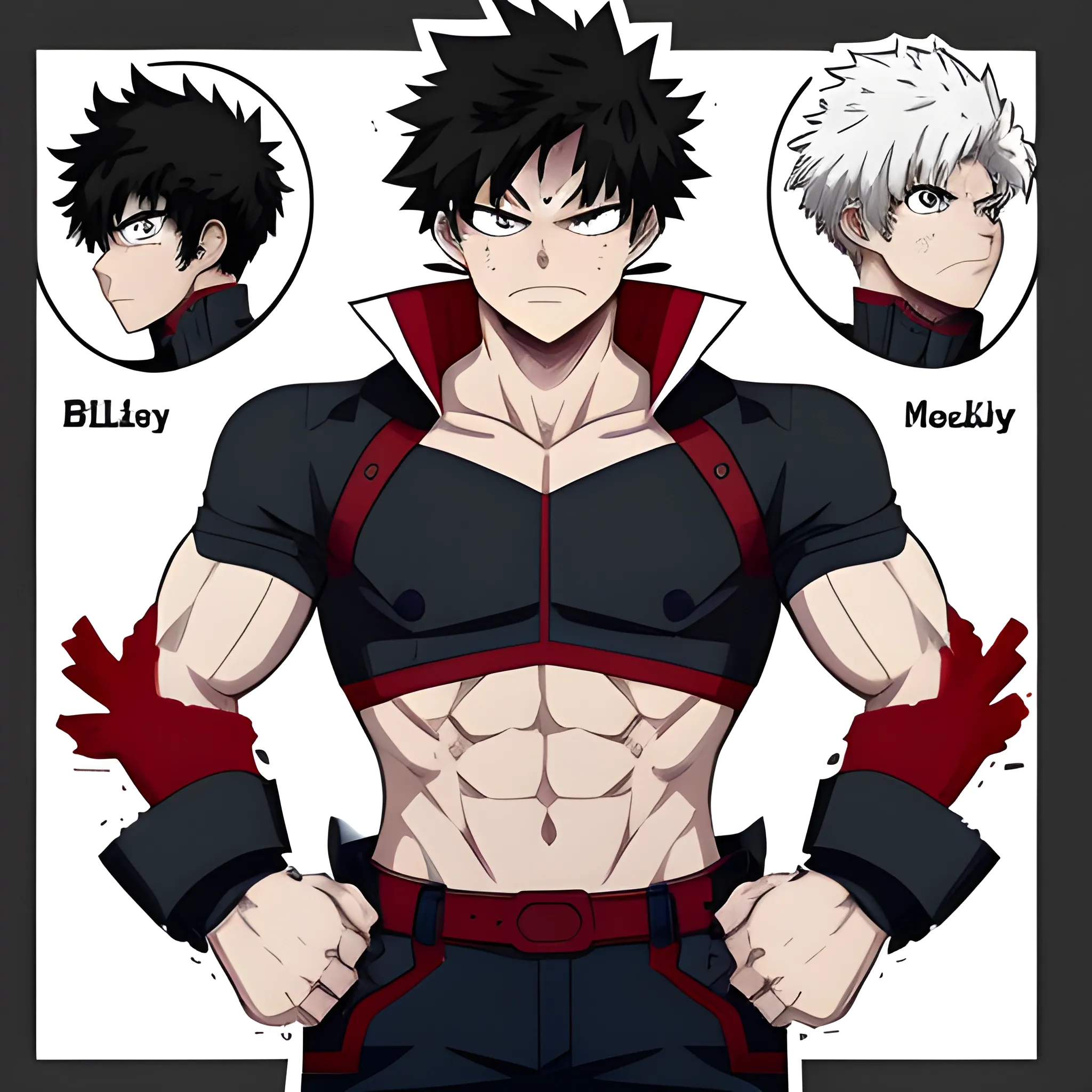 my hero academia sturdy-built male oc with messy black hair and red eyes and  ice around hands looking melancholic 