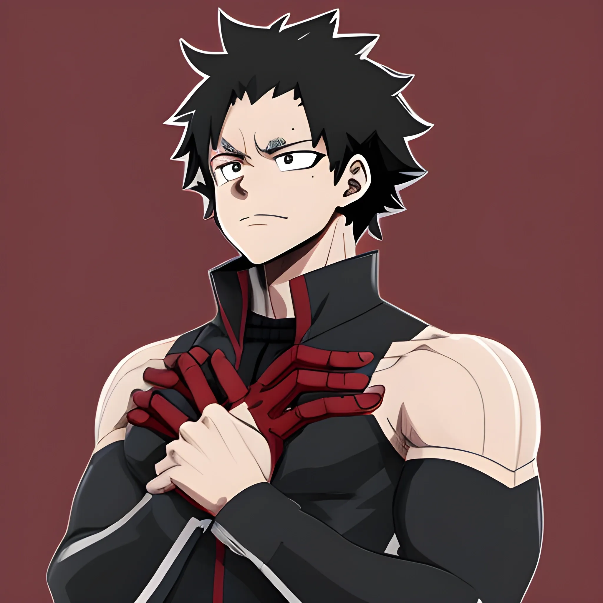 my hero academia sturdy-built male oc with messy black hair and red eyes and  ice around hands looking melancholic 