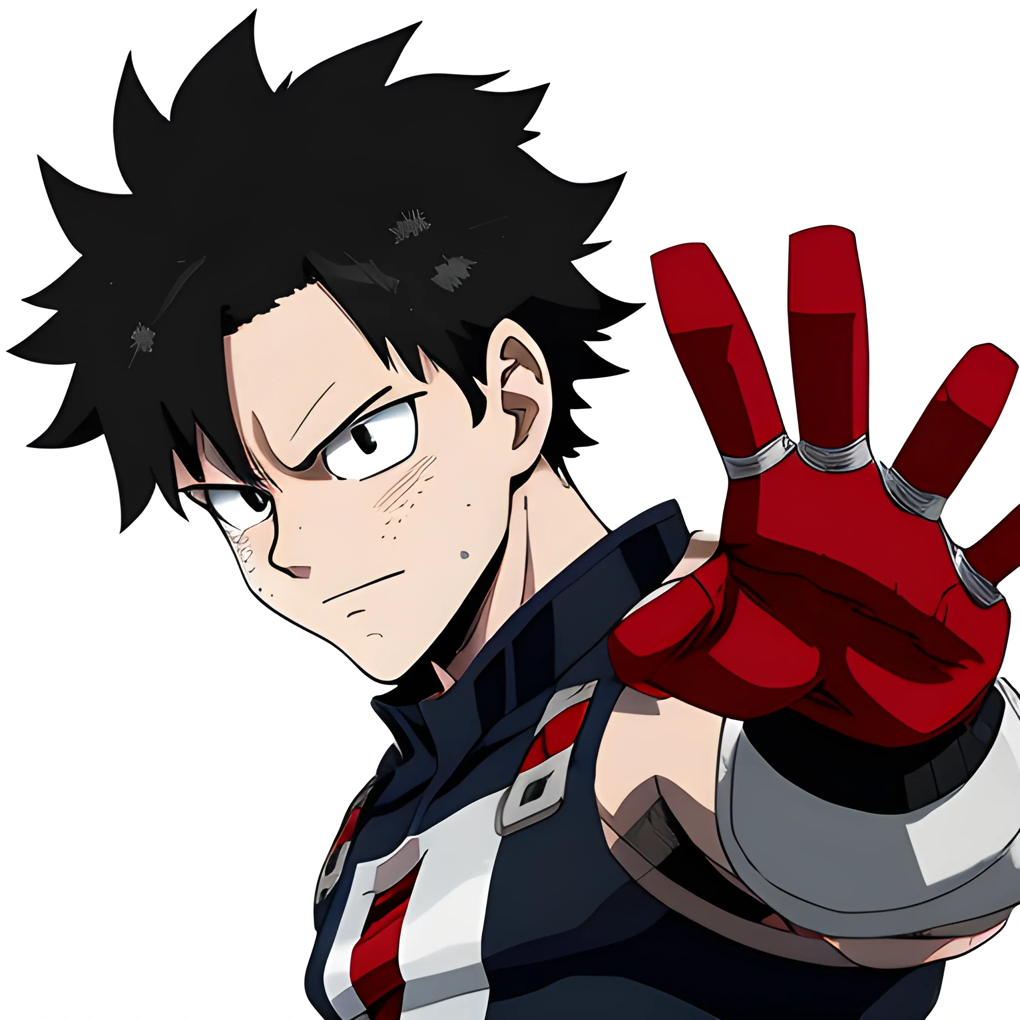 my hero academia sturdy-built male oc with messy black hair and red eyes and  ice around hands looking melancholic 