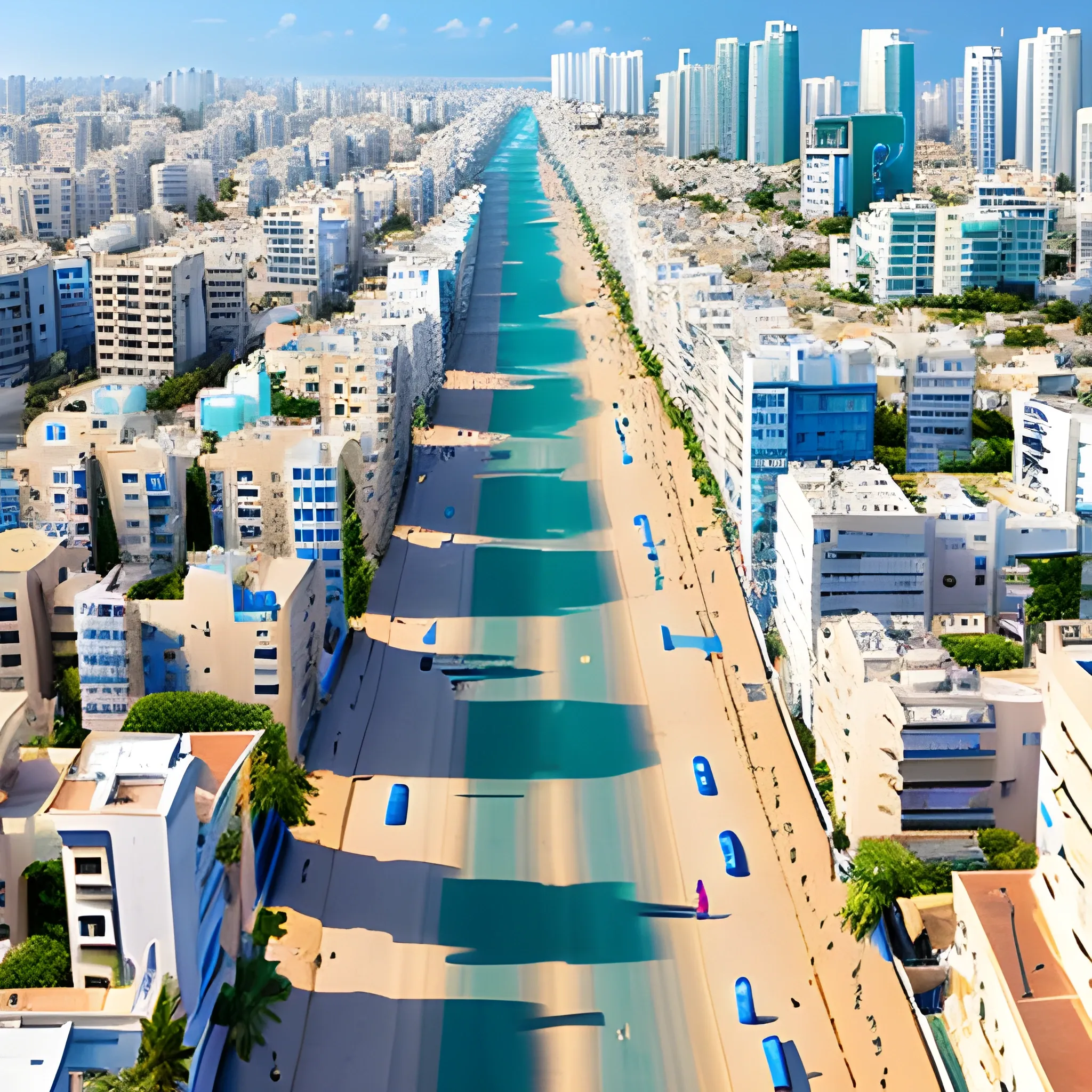 The streets of Tel Aviv AROUND THE BEACH. AERIAL VIEW, HYPER REALISTIC