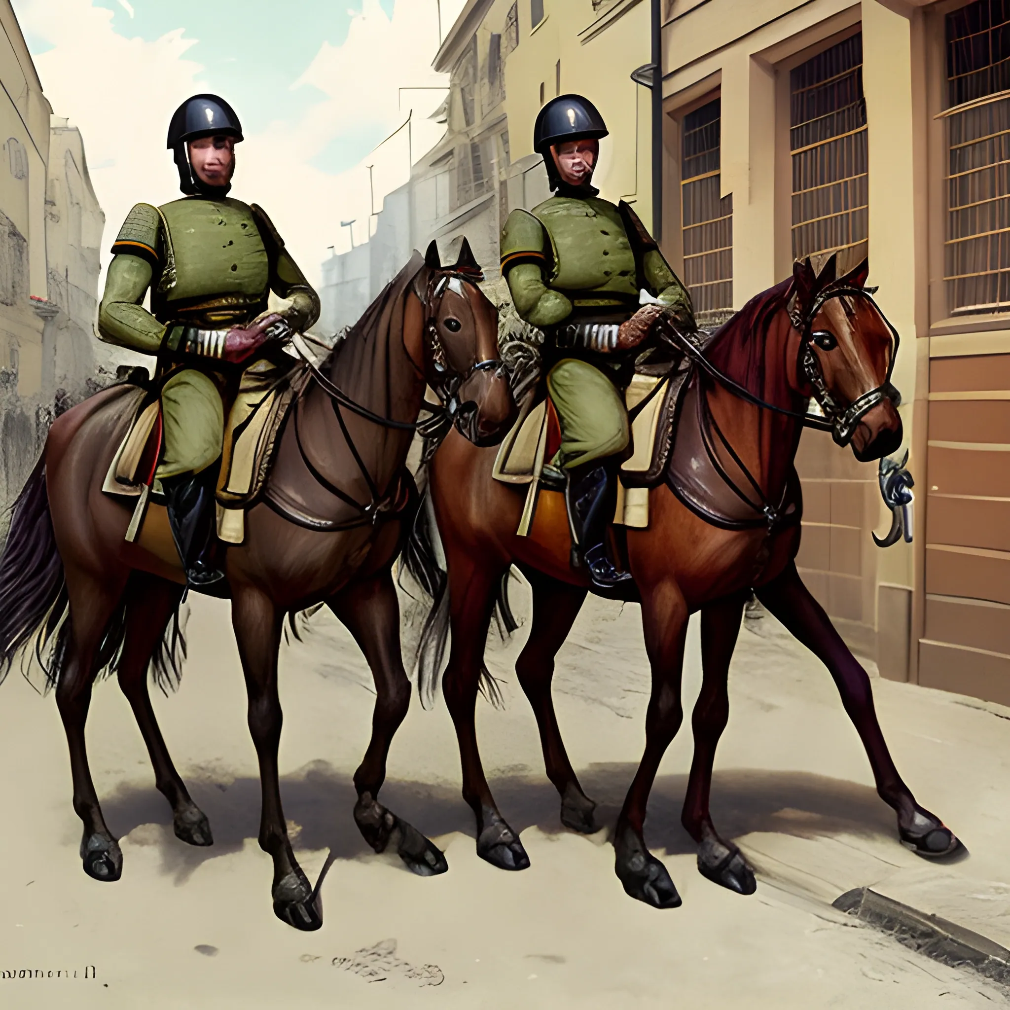 cavalry men drunk on streets with liqour in hand. realistic looking image, gree uniform. hyperrelistic autrian ary