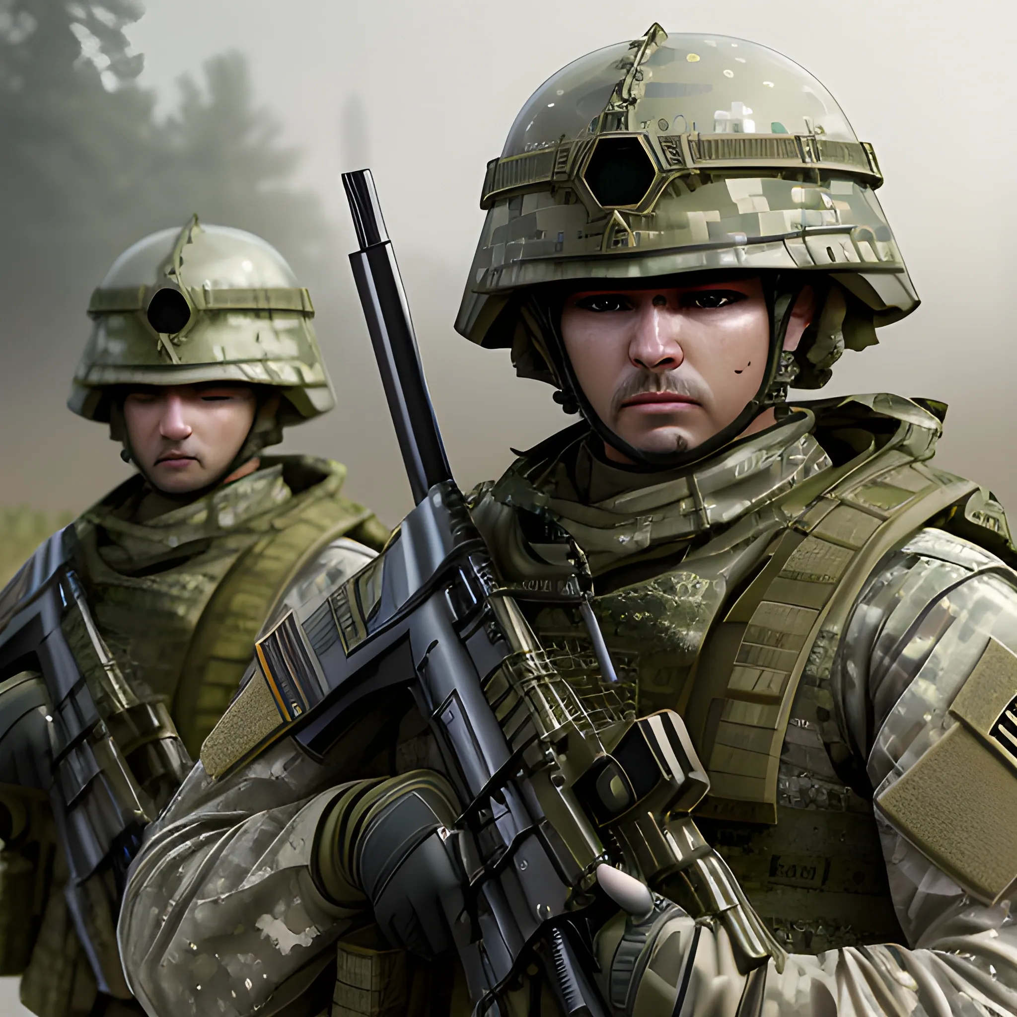 modern army, warriors, soldiers, 8k, high resolution, high quality, photorealistic, green guard, rifles, 3D highly detailed realistic lolking face