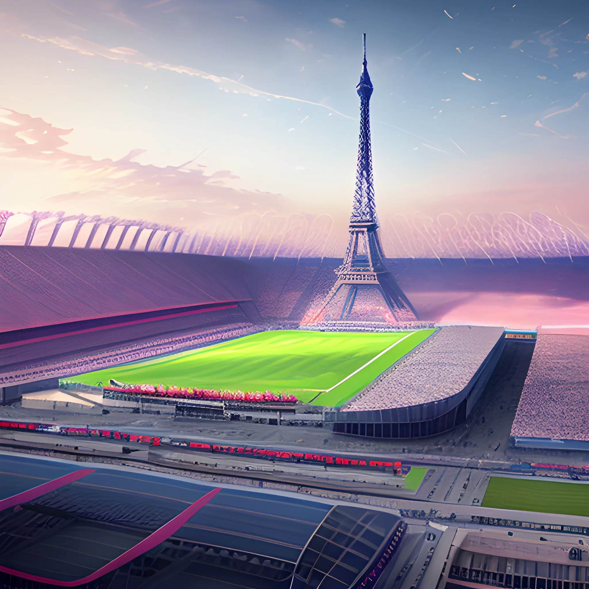 Panoramic view of a Olympic stadium Paris 2024 with a soccer field and a Eiffel Tower, concept art by Jakob Gauermann, conceptual art, futuristic sport arena, photo from the Olympic games 2024, Olympics, concept art,