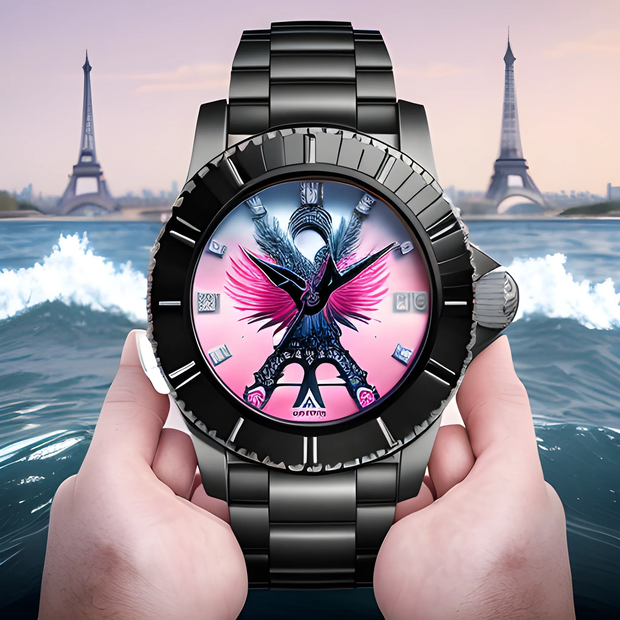 Blend elements of sports culture and iconic landmarks, intricate mechanical Phoenix made of obsidian is being tossed around by the waves within a athlete's body, it's pink gray wisps contrasting with the Eiffel Tower background,