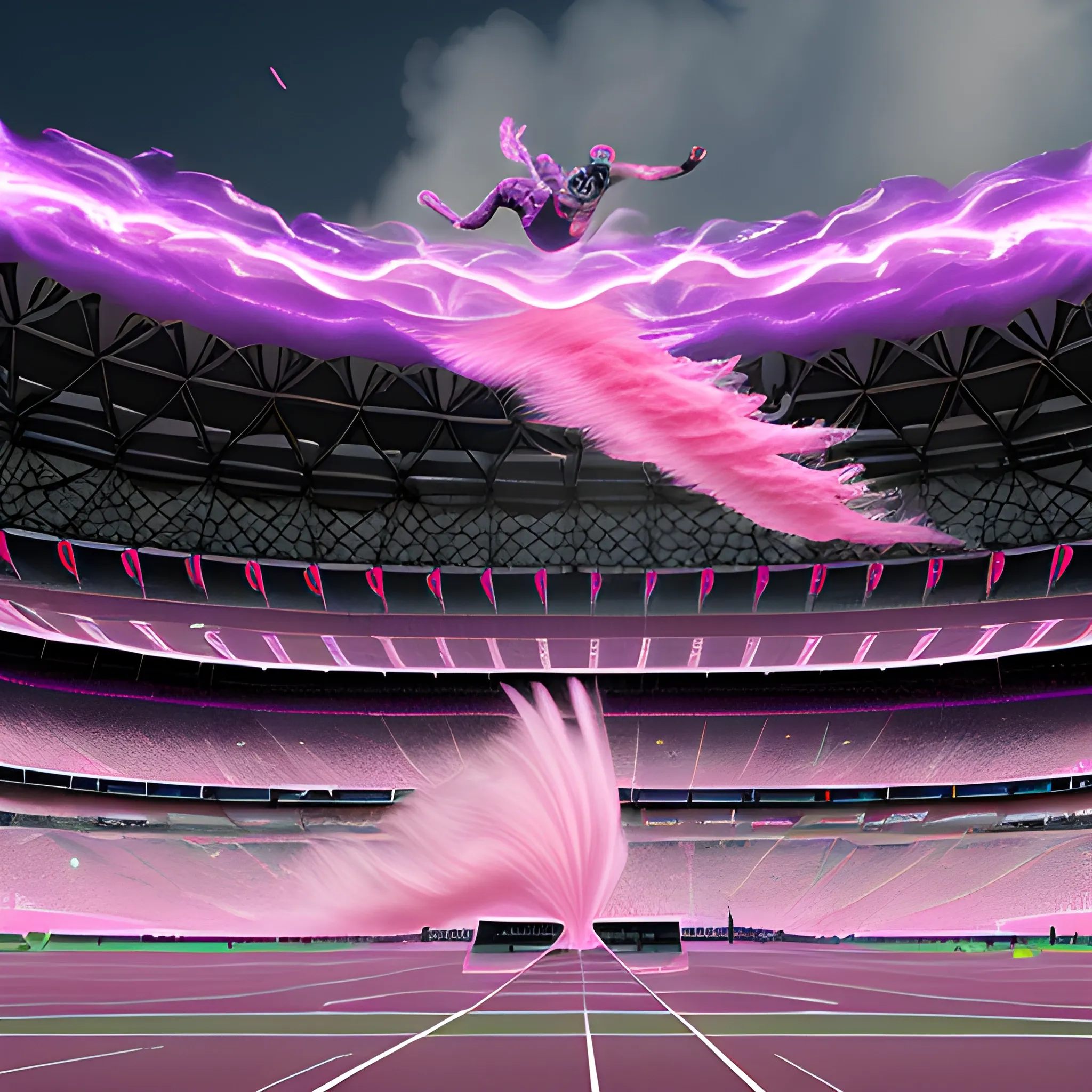 Capturing track athletes mid-flight during the start of a 100 meters race action blowing a cloud of pink and purple color changing iridescent smoke sitting in a Olympic stadium Paris 2024, intricate mechanical Phoenix made of obsidian is being tossed around by the waves within a athlete's body, it's pink gray wisps contrasting with the white background,