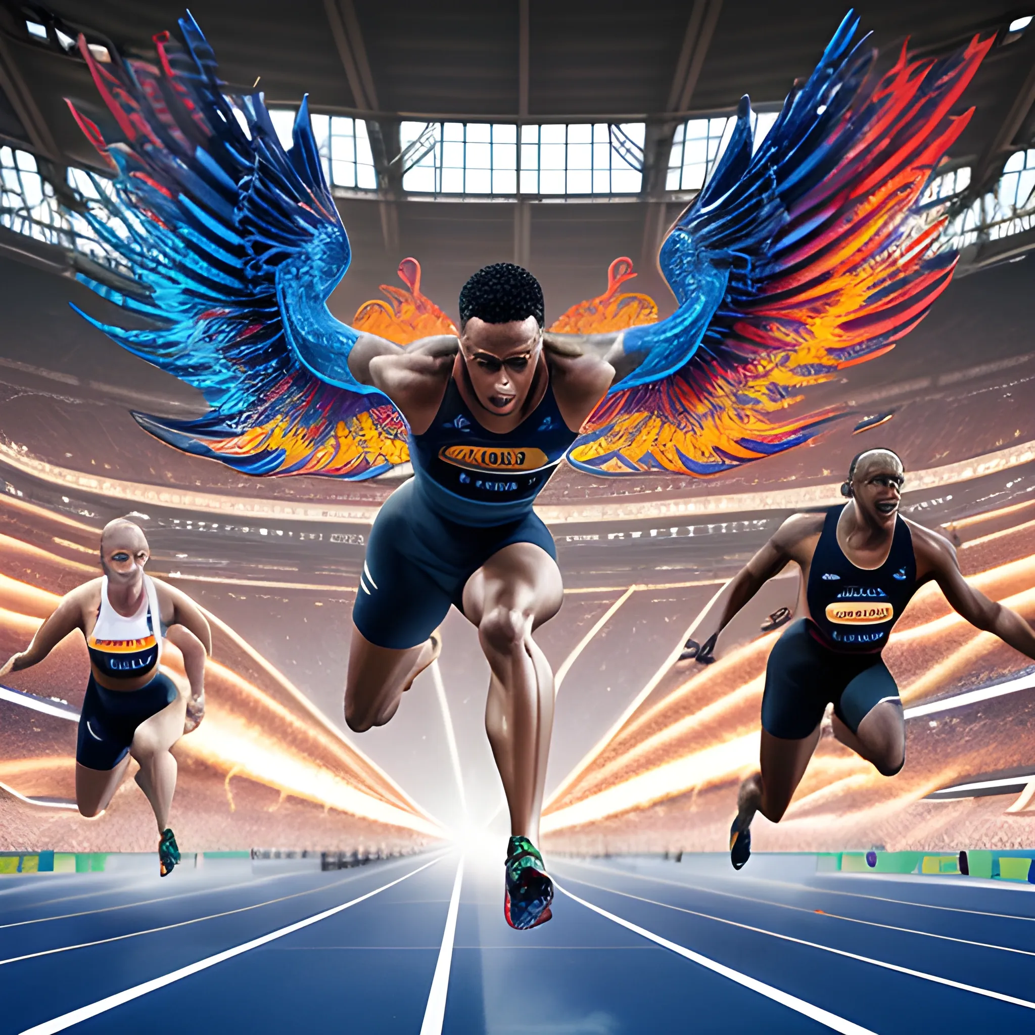 100m sprint final, elite athletes in peak form exploding off the blocks in a Olympic stadium Paris 2024, intricate mechanical Phoenix made of obsidian is being tossed around by the waves within a athlete's body, dynamic angles capturing the trailing competitors amid a sense of vibrant motion, motion blur for the intensified pace,