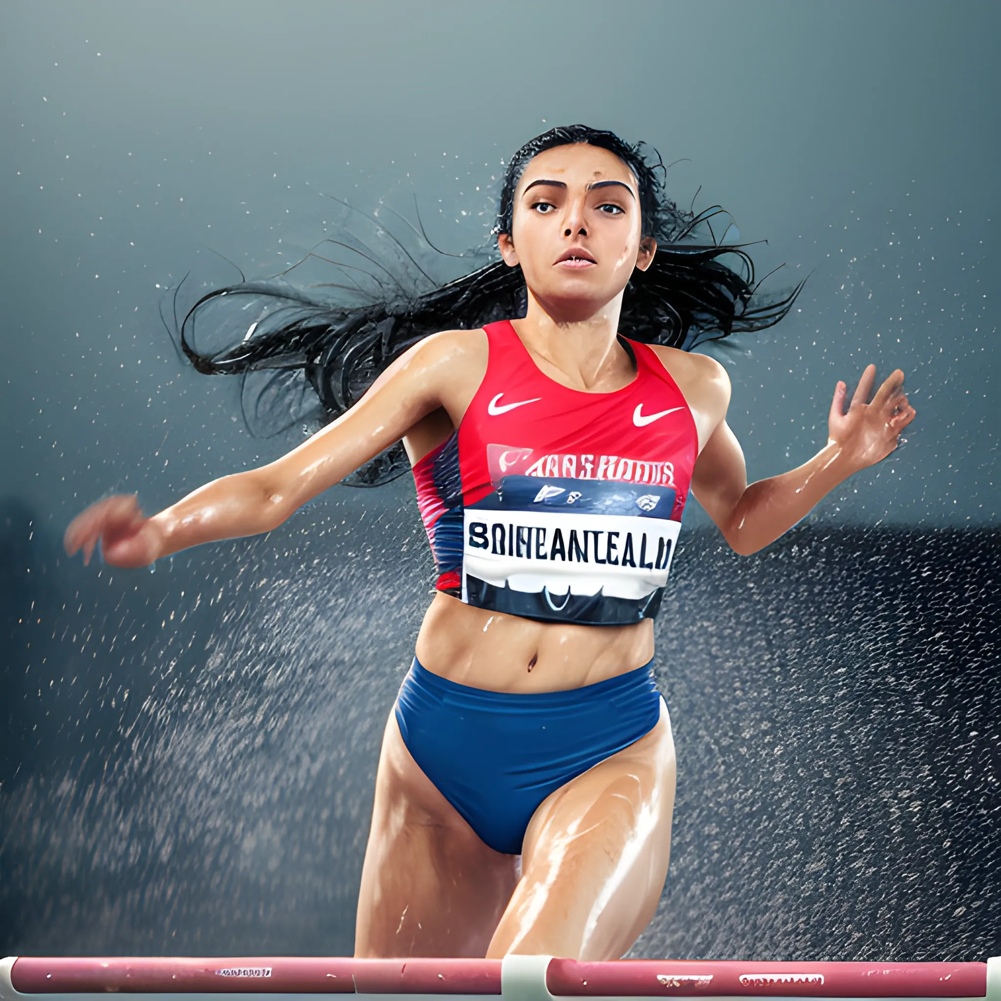 Drone view, best quality, a dark-haired wet 20yo beautiful Indian Female athletes running and jumping over obstacles in a hurdle race While jumping over hurdles in the International sport Show Tournament:1.36), (look up you:1.24), (wearing a wet deep blue High-leg track uniforms,thong:1.24), (World Championships in Athletics with a full house and enthusiastic crowd:1.23), (leering look at viewers:1.28), (dynamic low angle:1.28), (Maximum joy with pleasure in the facial expression:1.23), Microscopic particle-like dust grains in the foreground, photo realistic, ultra-high resolution, wet glossy pale skin, gleaming skin, oily skin, sweaty, full color photo, full color, 8k, 16k.