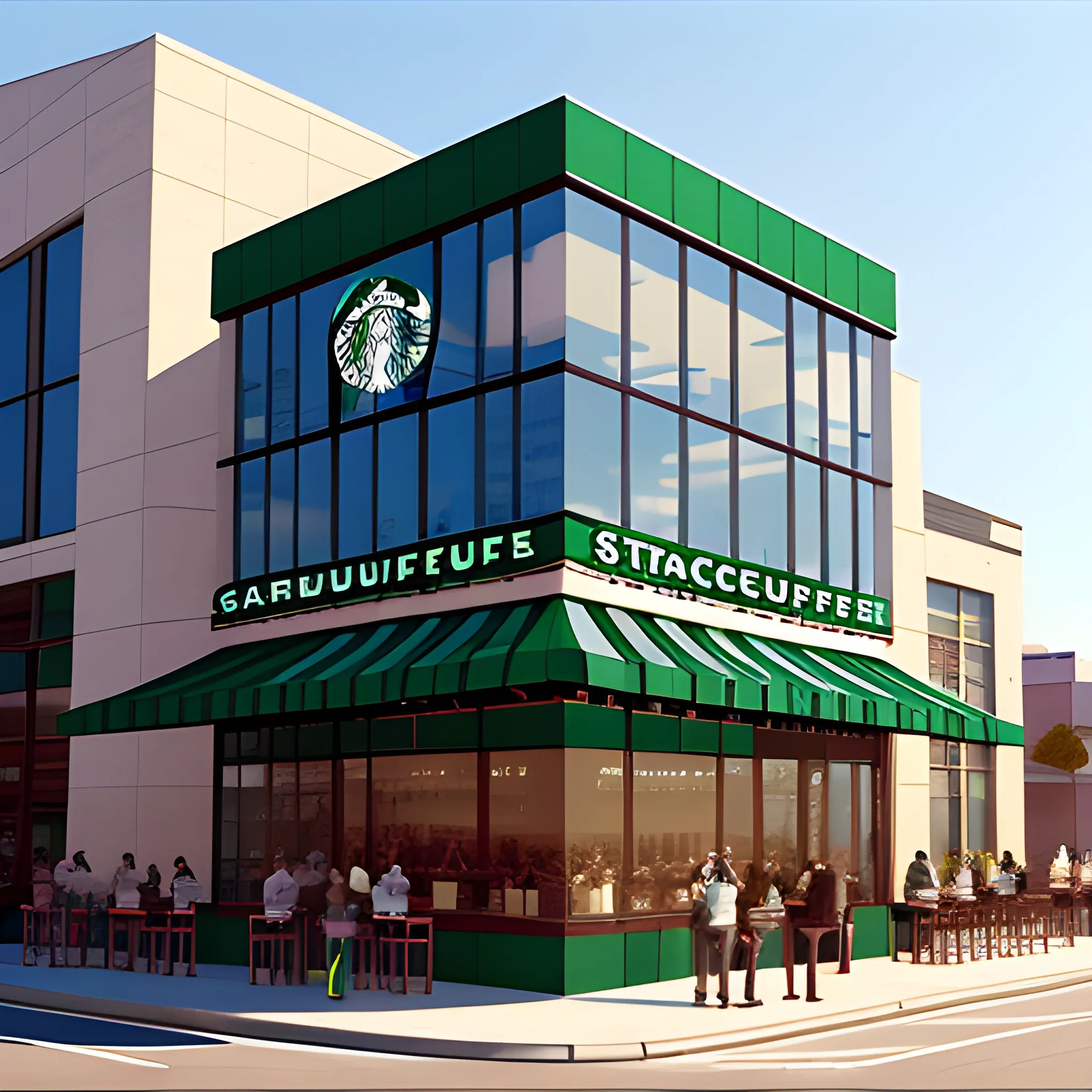 Generate me a image a starbucks building from the outside at year 2024