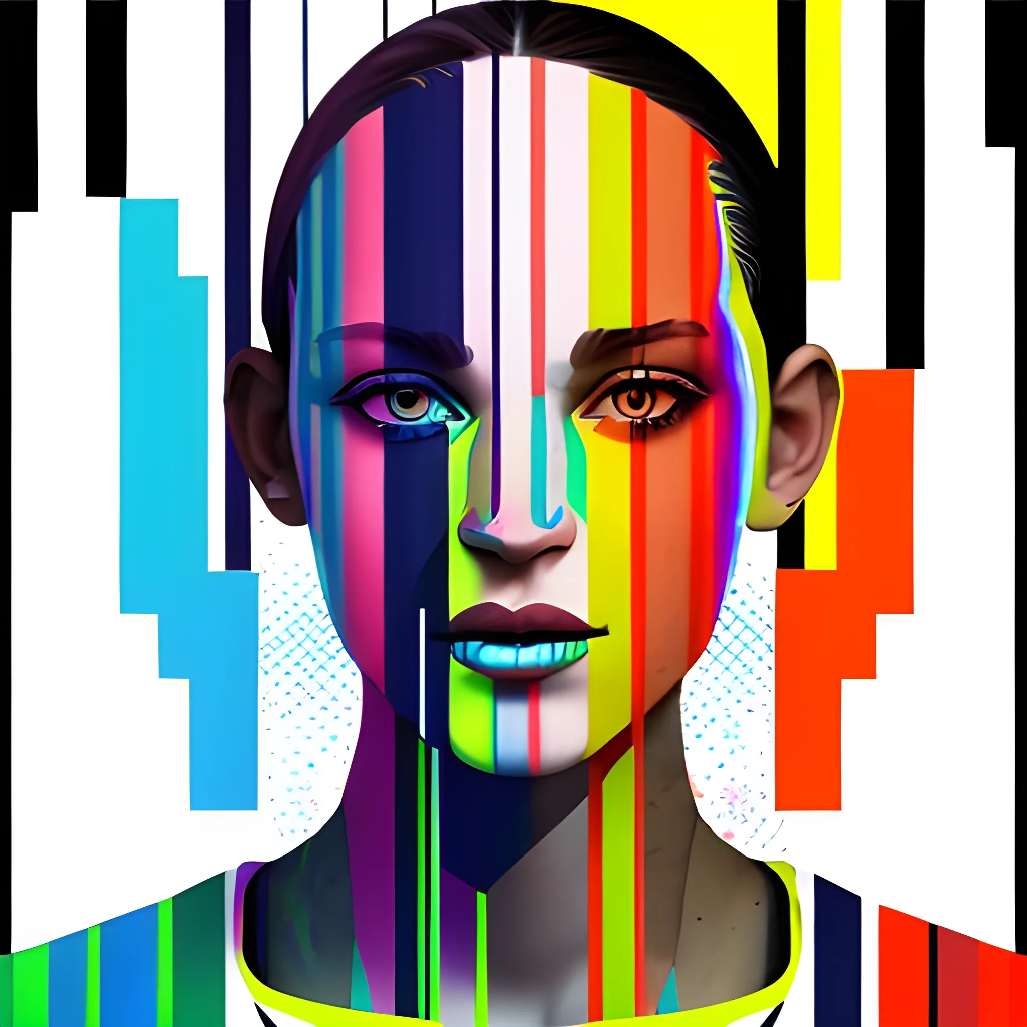 A realistic Female athletes with a multi-colored face, the colors run vertically across the face in narrow stripes, Glitch-Art style, Video glitching, the race