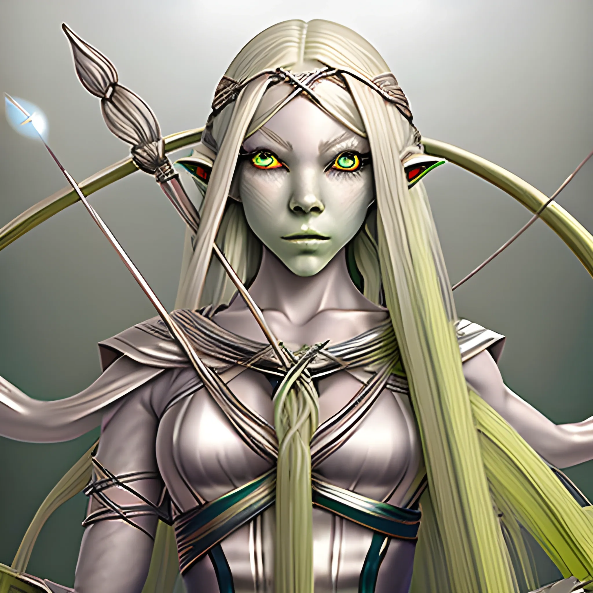 A (((water genasi))), with (((super long pale green hair))) that flows like (((water))).  (((bright, green eyes))). She has pale green skin. She is holding a (((longbow))) with an arrow placed in the knock. She is dressed in a (((green and silver costume))), Her ears are pointed. She is looking at the camera with a serious expression on her face.