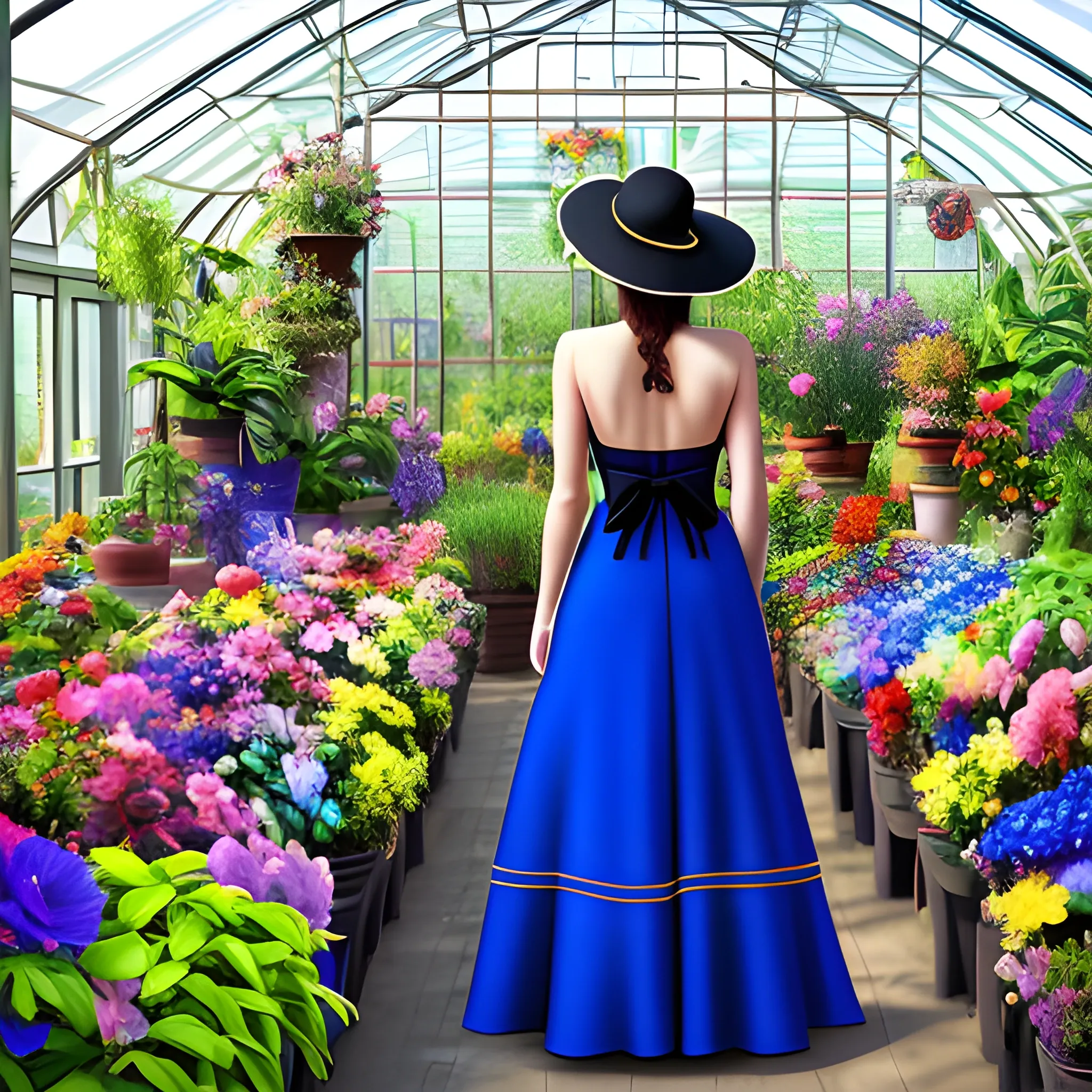 create for me a background of a dark greenhouse full of colorful flowers and a full-length woman with her back turned in a royal blue dress and a sunhat with a black ribbon, with her head half turned so that a bit of the profile of her face can be seen.,, 3D