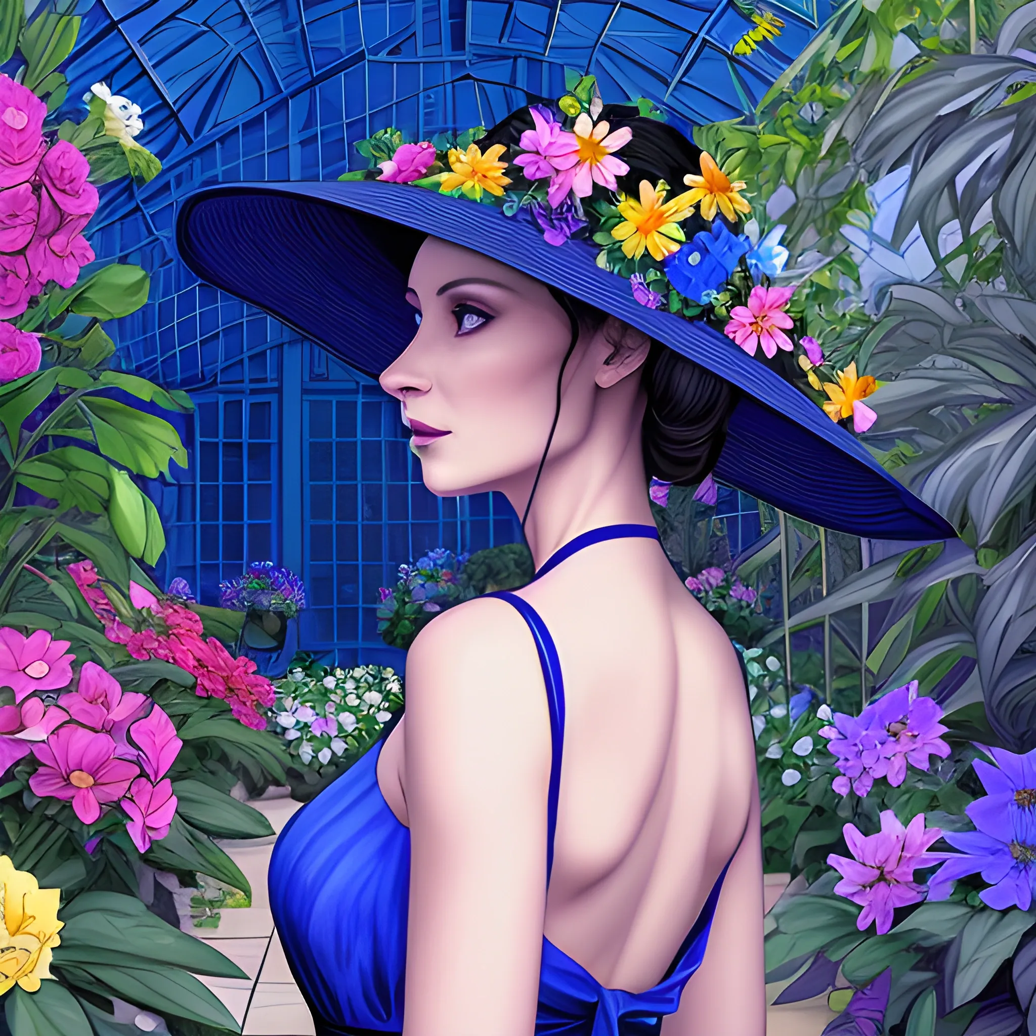 create for me a background of a dark greenhouse full of colorful flowers and a full-length woman with her back turned in a royal blue dress and a sunhat with a black ribbon, with her head half turned so that a bit of the profile of her face can be seen. dark environment, , Pencil Sketch