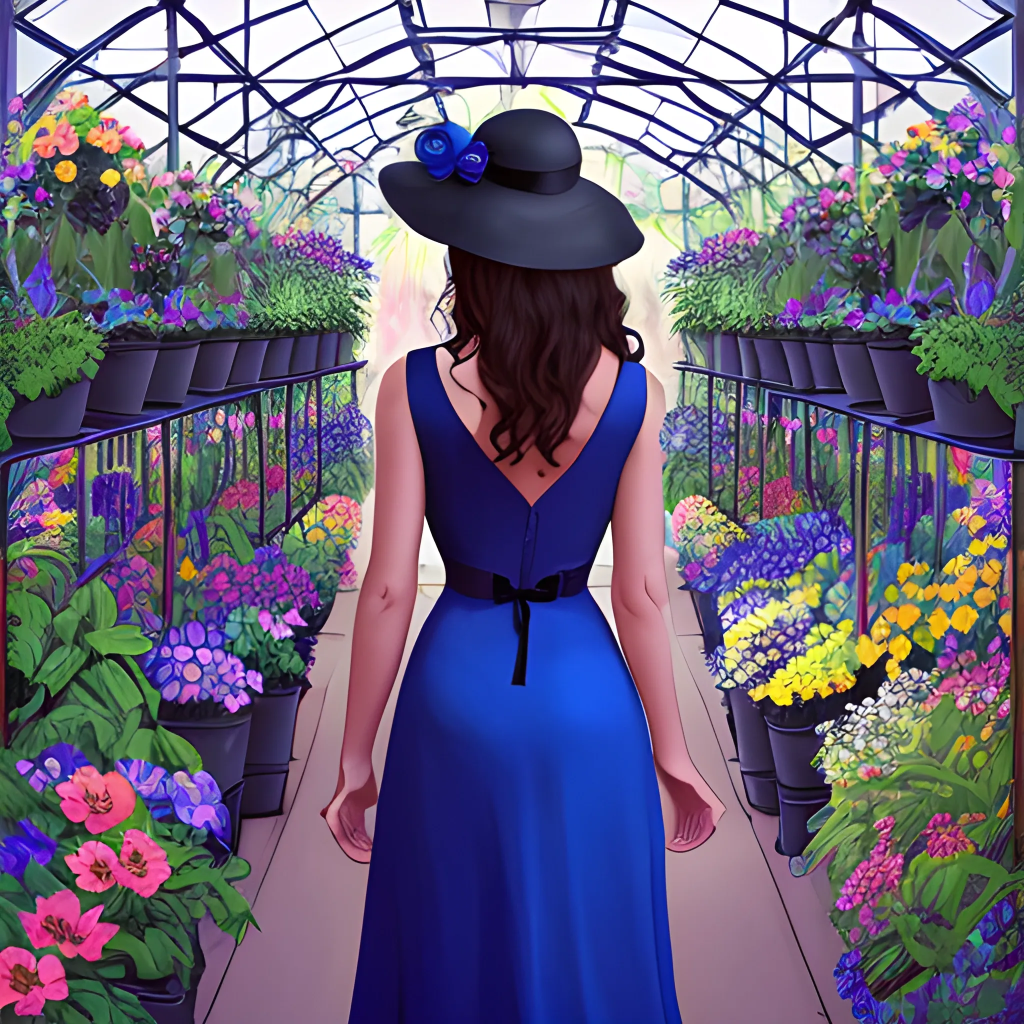 create for me a background of a dark greenhouse full of colorful flowers and a full-length woman with her back turned in a royal blue dress and a sunhat with a black ribbon, with her head half turned so that a bit of the profile of her face can be seen. dark environment, Pencil Sketch, cinematic style