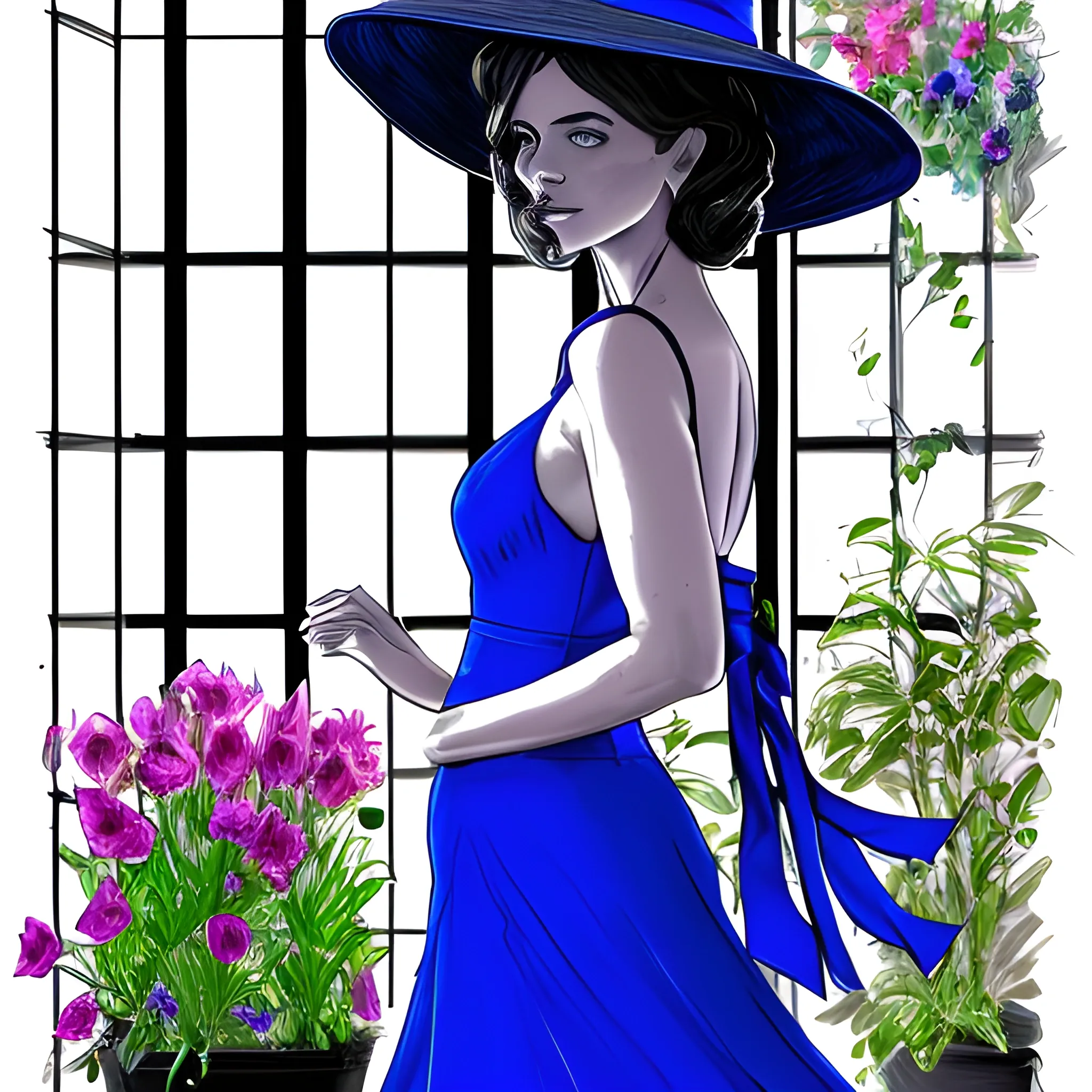 create for me a background of a dark greenhouse full of colorful flowers and a full-length woman with her back turned in a royal blue dress and a royal blue sunhat with a black ribbon, with her head half turned so that a bit of the profile of her face can be seen. dark environment style, Pencil Sketch,