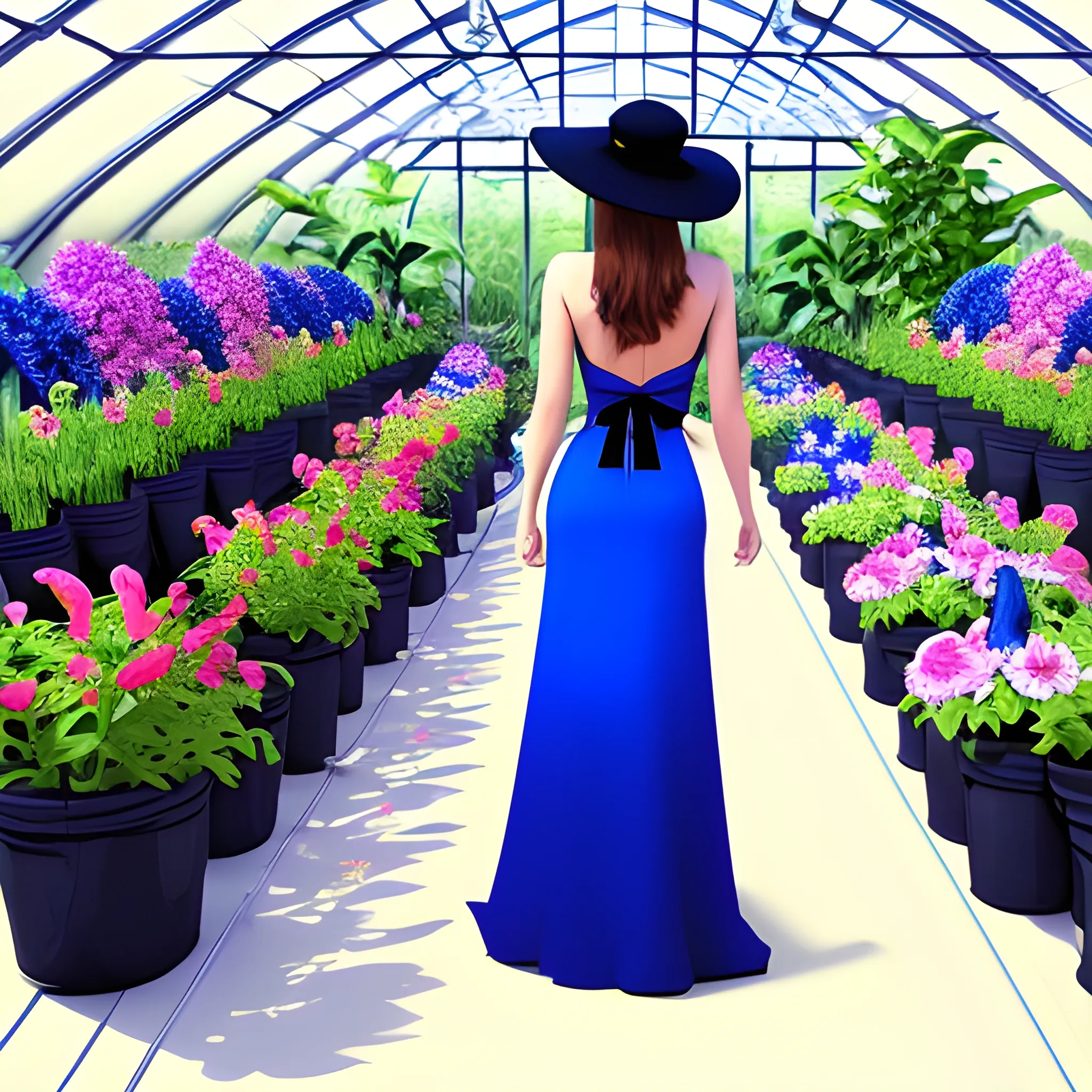 create for me a background of a dark greenhouse full of colorful flowers and a full-length woman with her back turned in a royal blue dress and a royal blue sunhat with a black ribbon, with her head half turned so that a bit of the profile of her face can be seen. dark environment style, Pencil Sketch, 3D