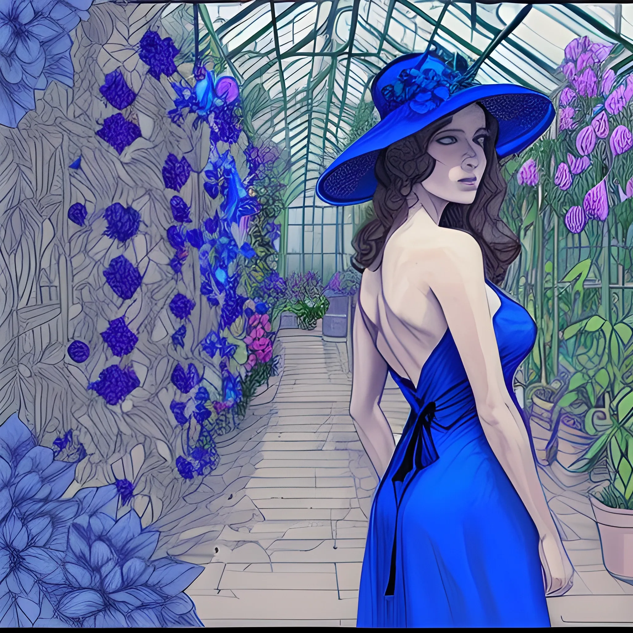 create for me a background of a dark greenhouse full of colorful flowers and a full-length woman with her back turned in a royal blue dress and a royal blue sunhat with a black ribbon, with her head half turned so that a bit of the profile of her face can be seen. dark environment style, and Pencil Sketch,, Trippy