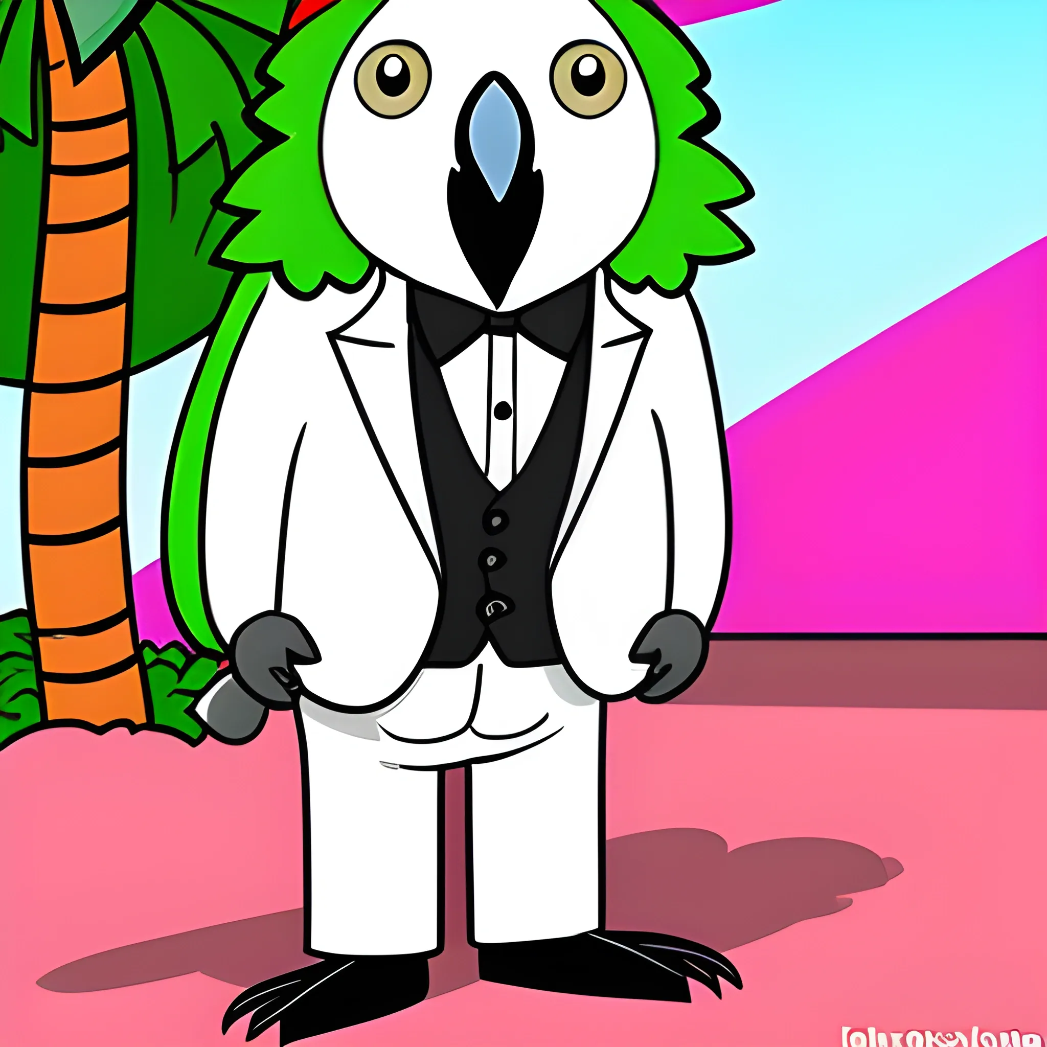 A parrot that likes to party, with a white tuxedo, Cartoon