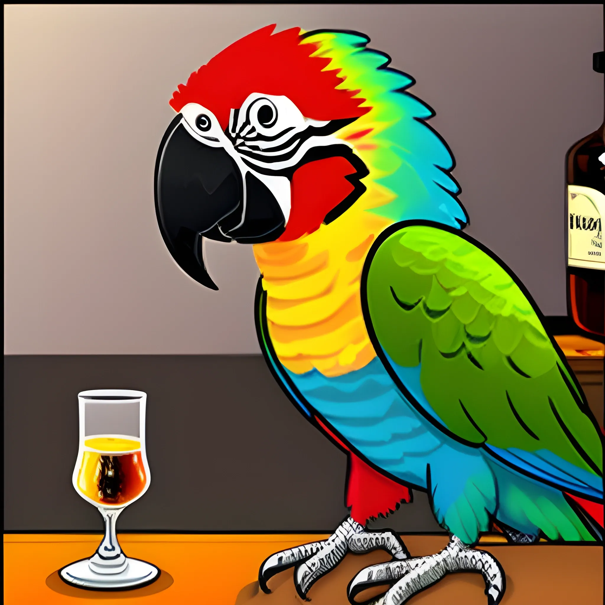 A parrot drinking whiskey at the club, Cartoon