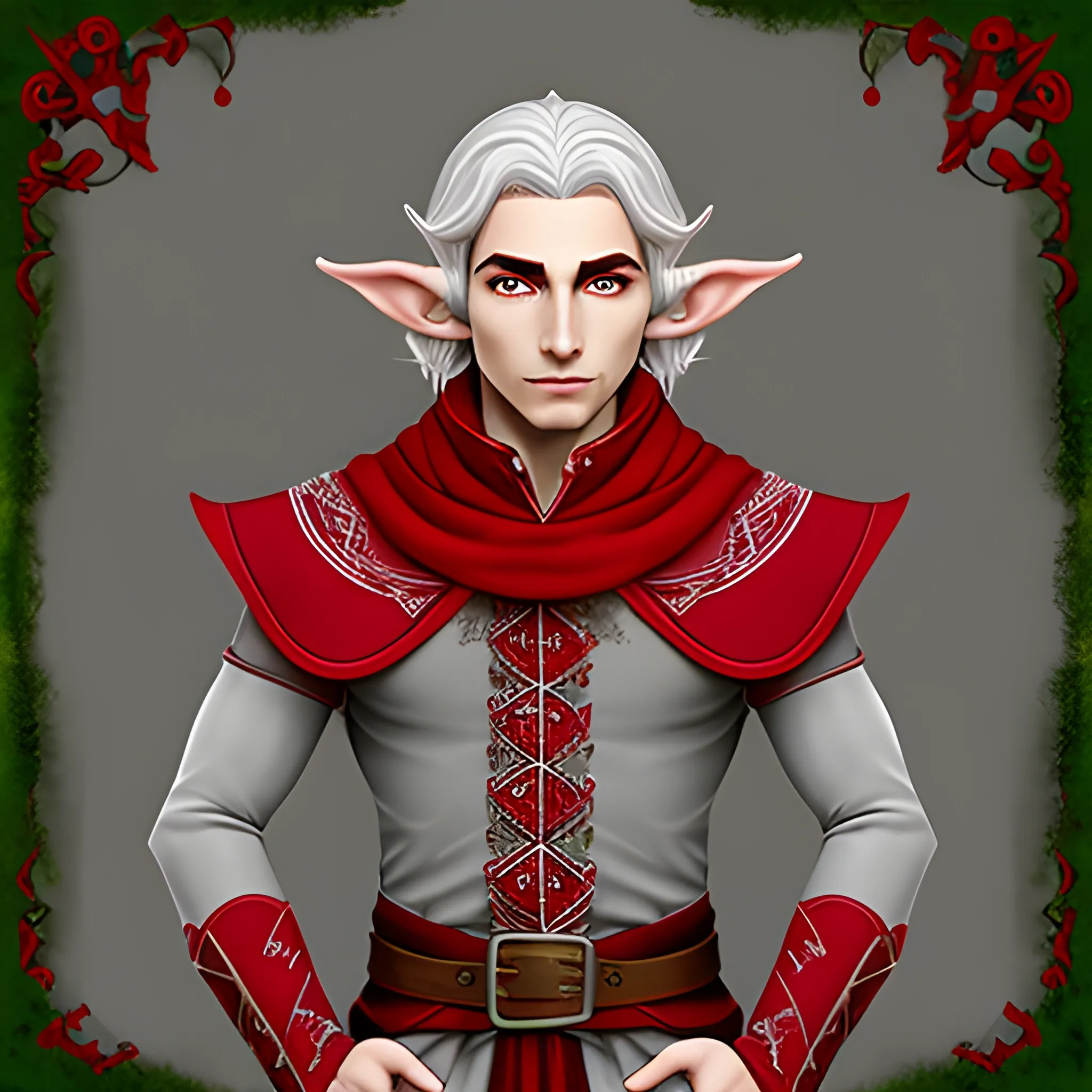 Light grey skin elf male bard in red and black clothing 