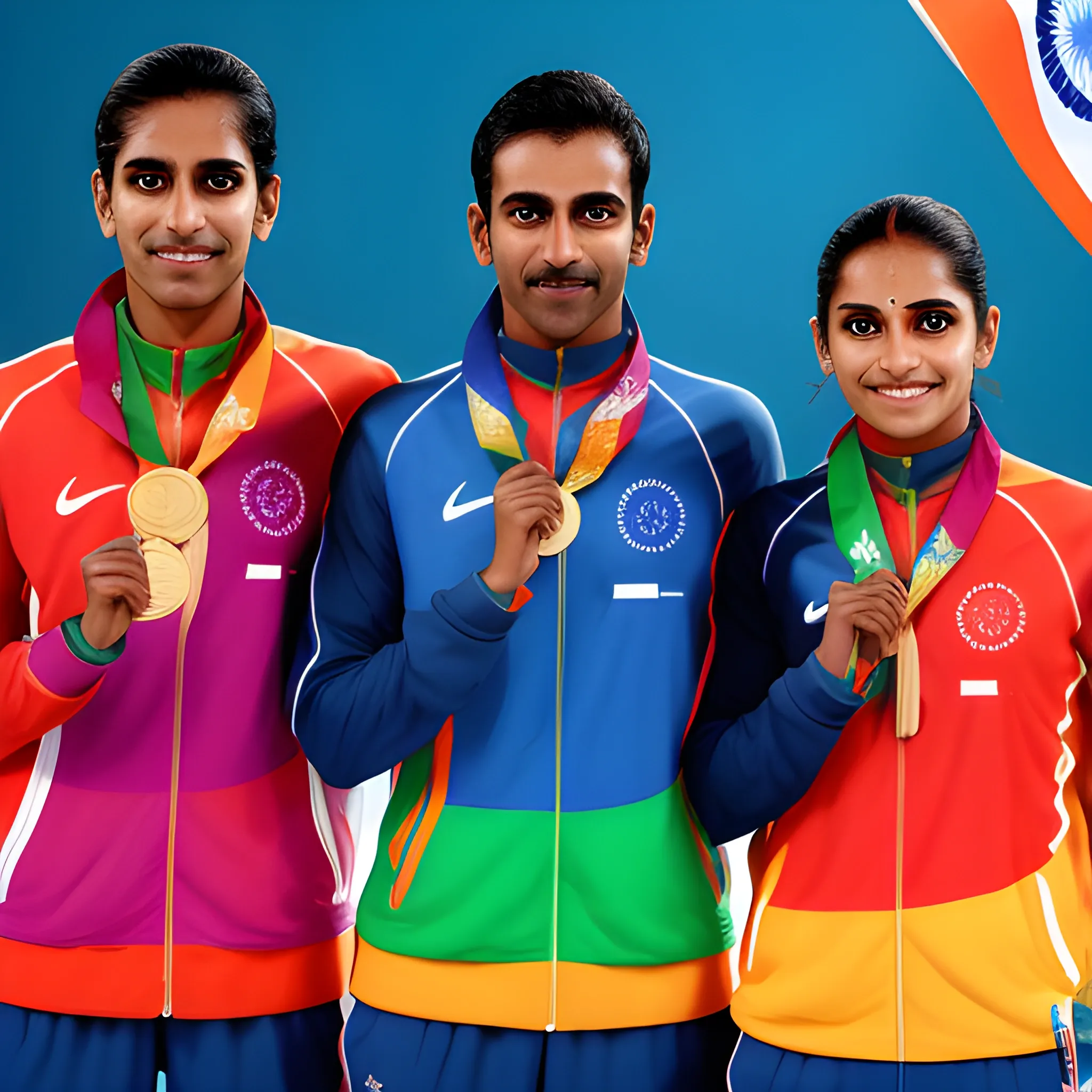 Create a striking, in 4k, ultra HD lifelike image in text "Olympic Games Paris 2024", three Indian Athlete stand on the podium, with their triumphant gold medal and indain flag. Against a backdrop of Indian colors, blending athletics and artistry in a celebration of collective achievement. Olympic blur rings background, 