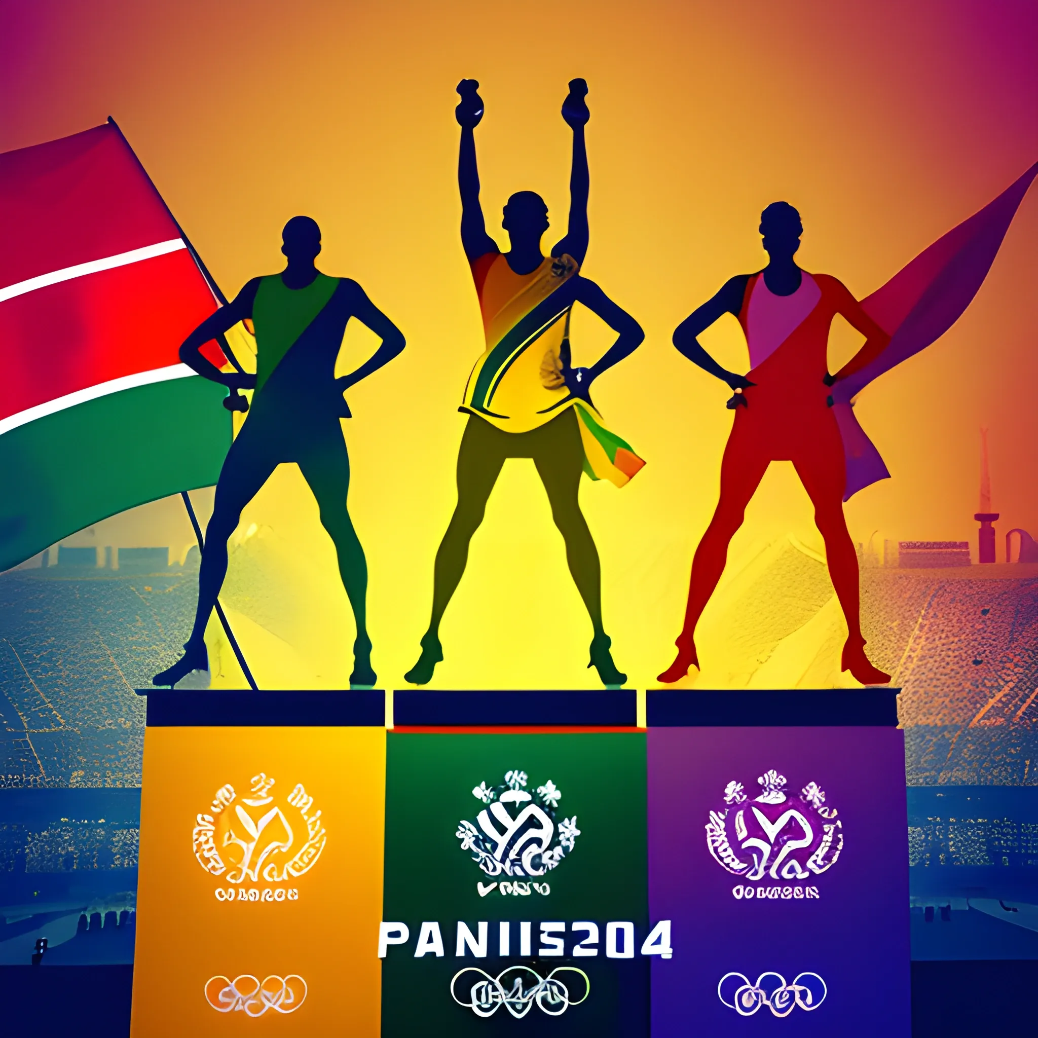 Masterpiece, double exposure of logo text is "Olympic Games Paris 2024" silhouette and Three Indian Athlete stand on the podium, with their triumphant gold medal and indain flag. Against a backdrop of Indian colors, blending athletics and artistry in a celebration of collective achievement. Blur Olympic rings with eiffel tower in background, 